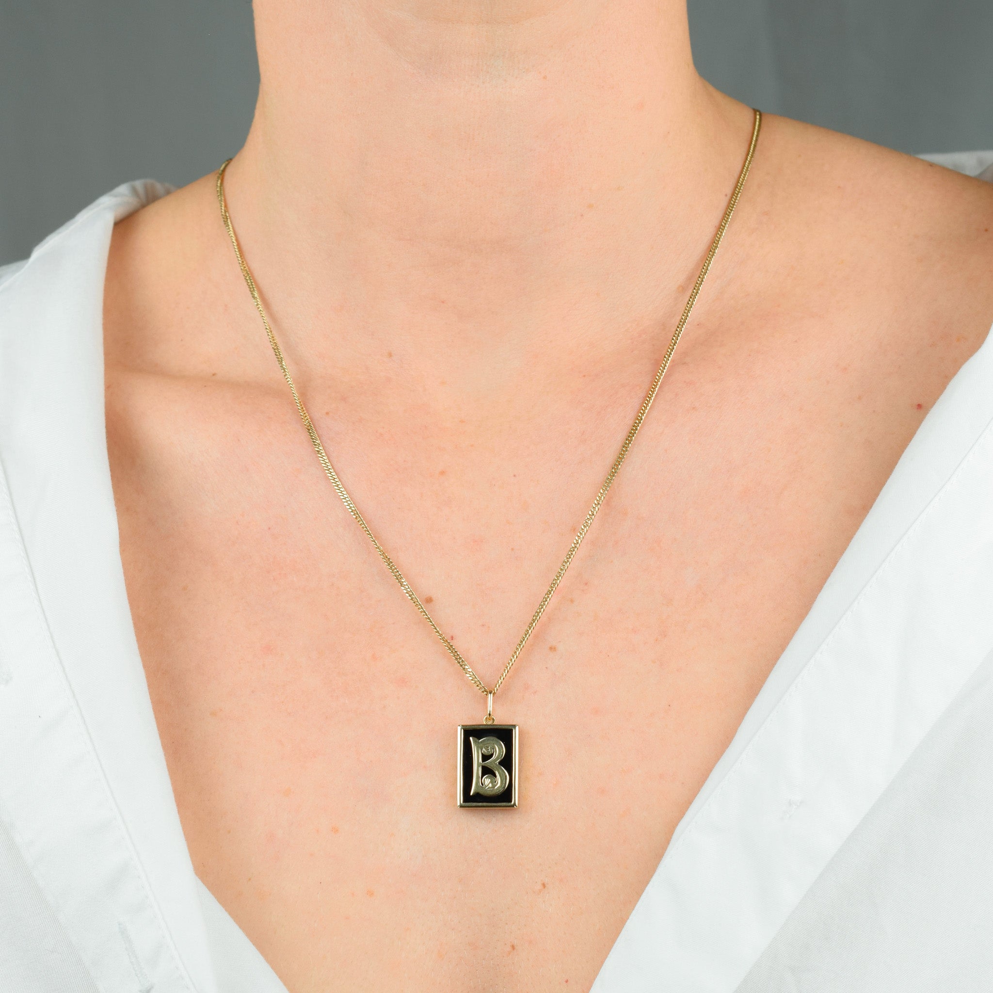 vintage 'B' Bezel Set Onyx Initial Pendant