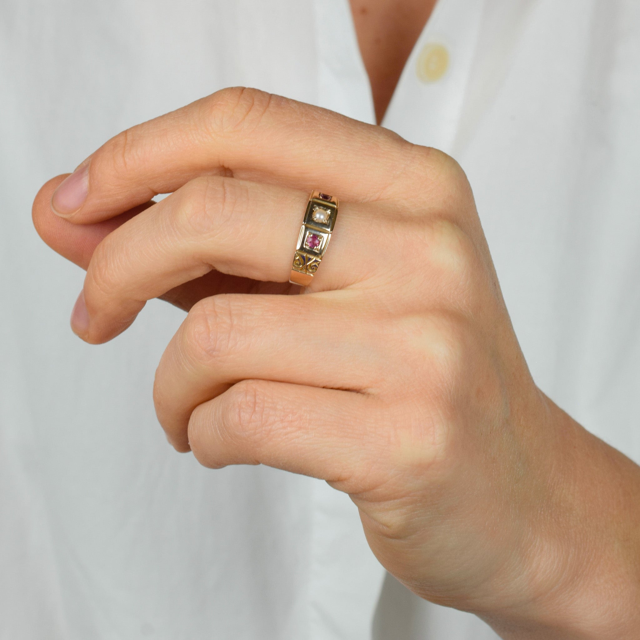 antique Birmingham pink tourmaline and seed pearl trilogy ring