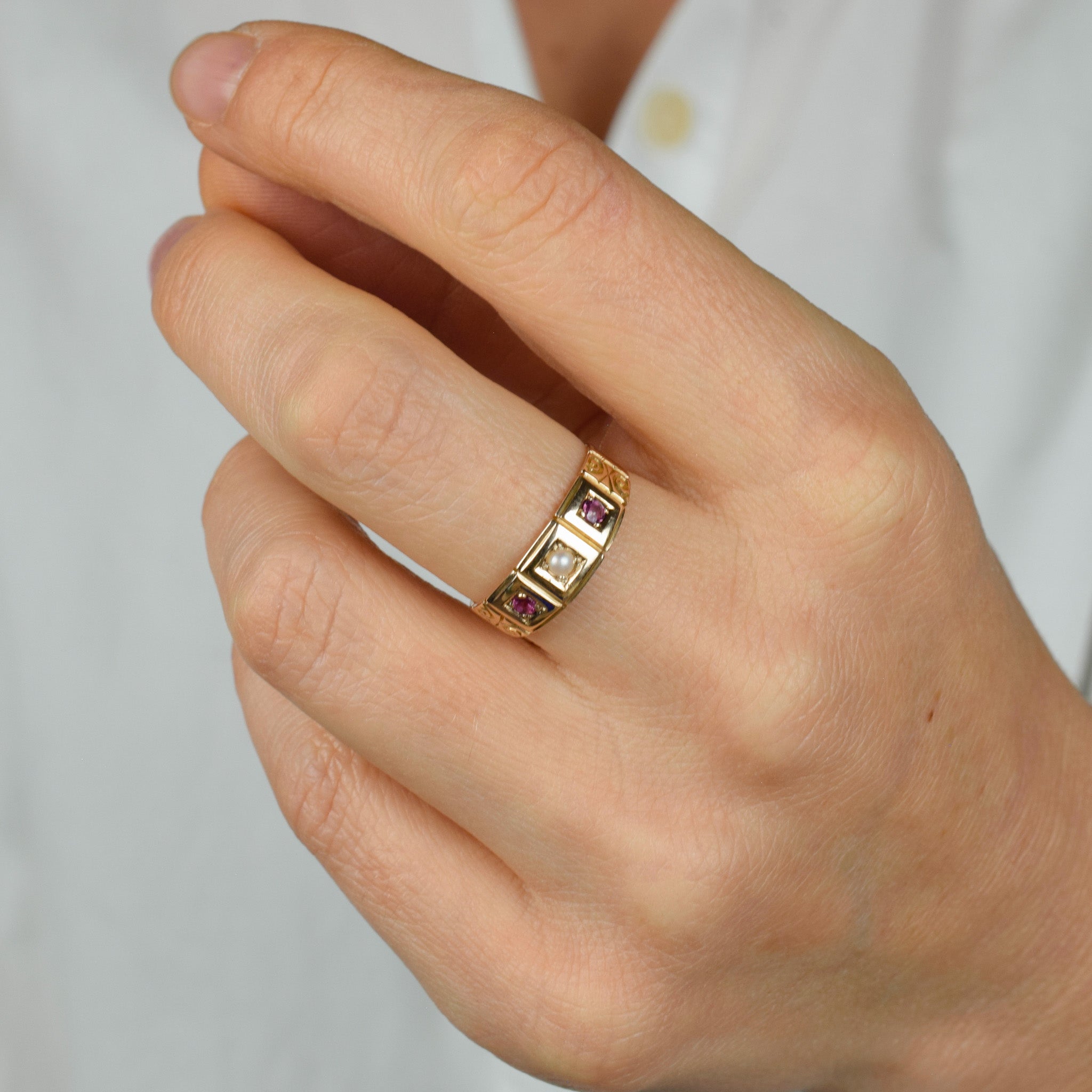 antique Birmingham pink tourmaline and seed pearl trilogy ring