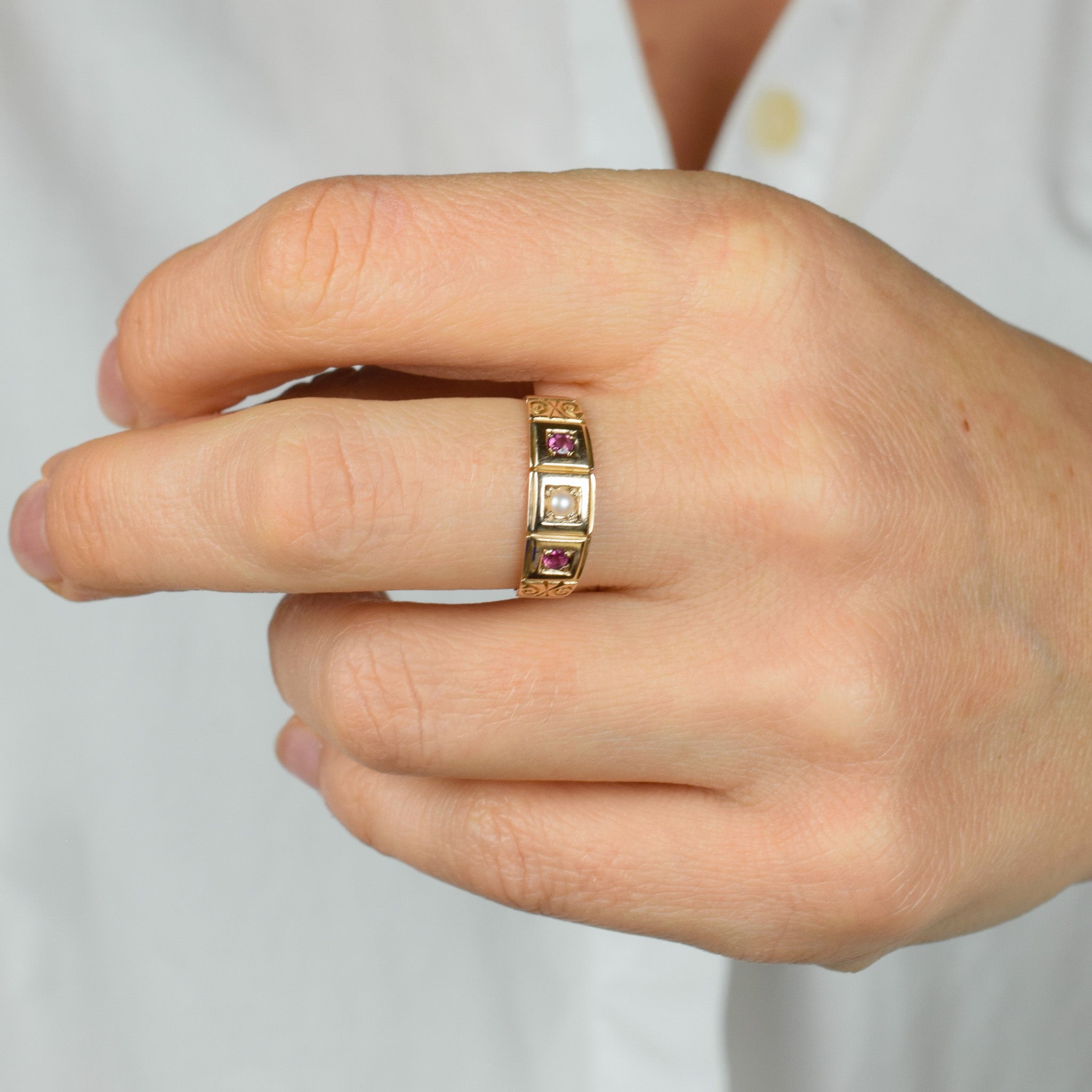 antique Birmingham pink tourmaline and seed pearl trilogy ring