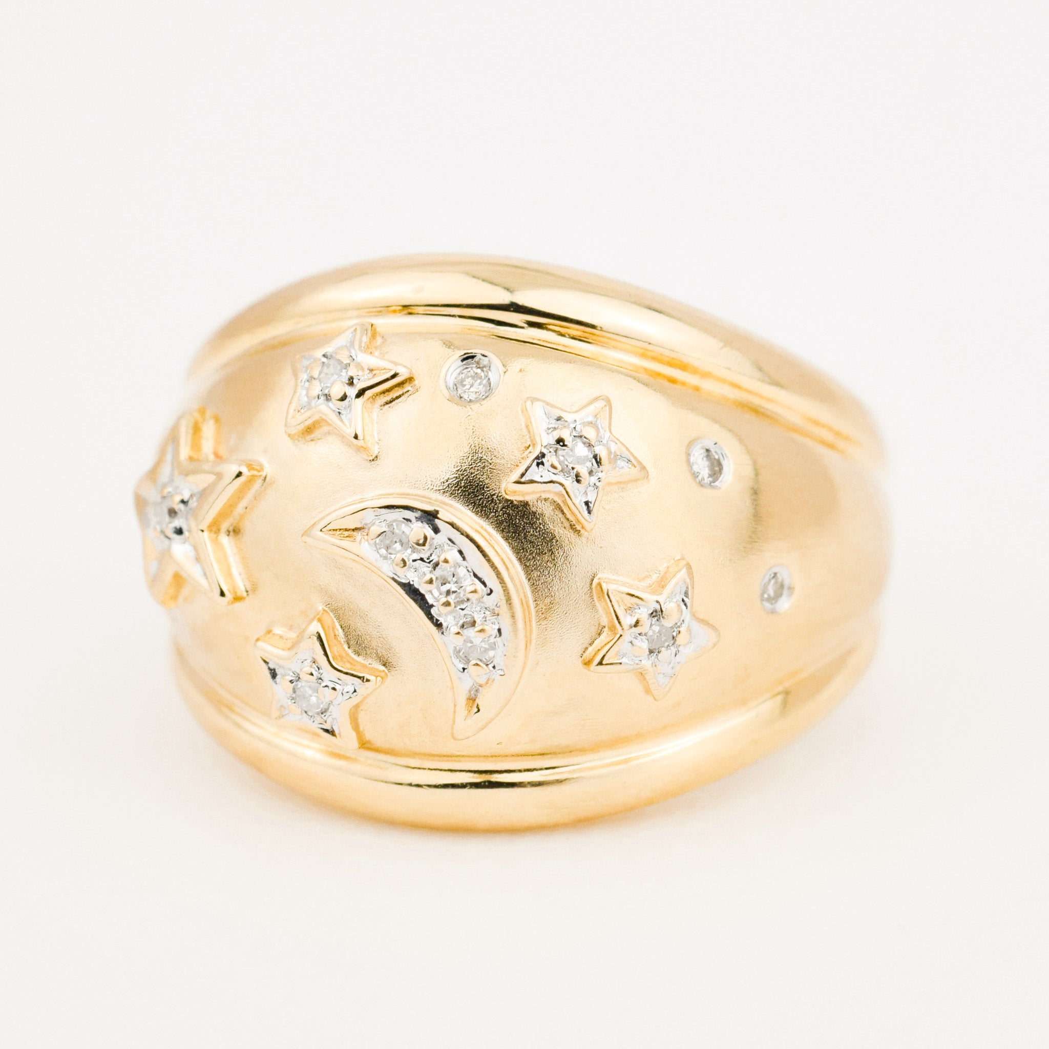 14k Moon and Stars Dome Ring with Diamonds