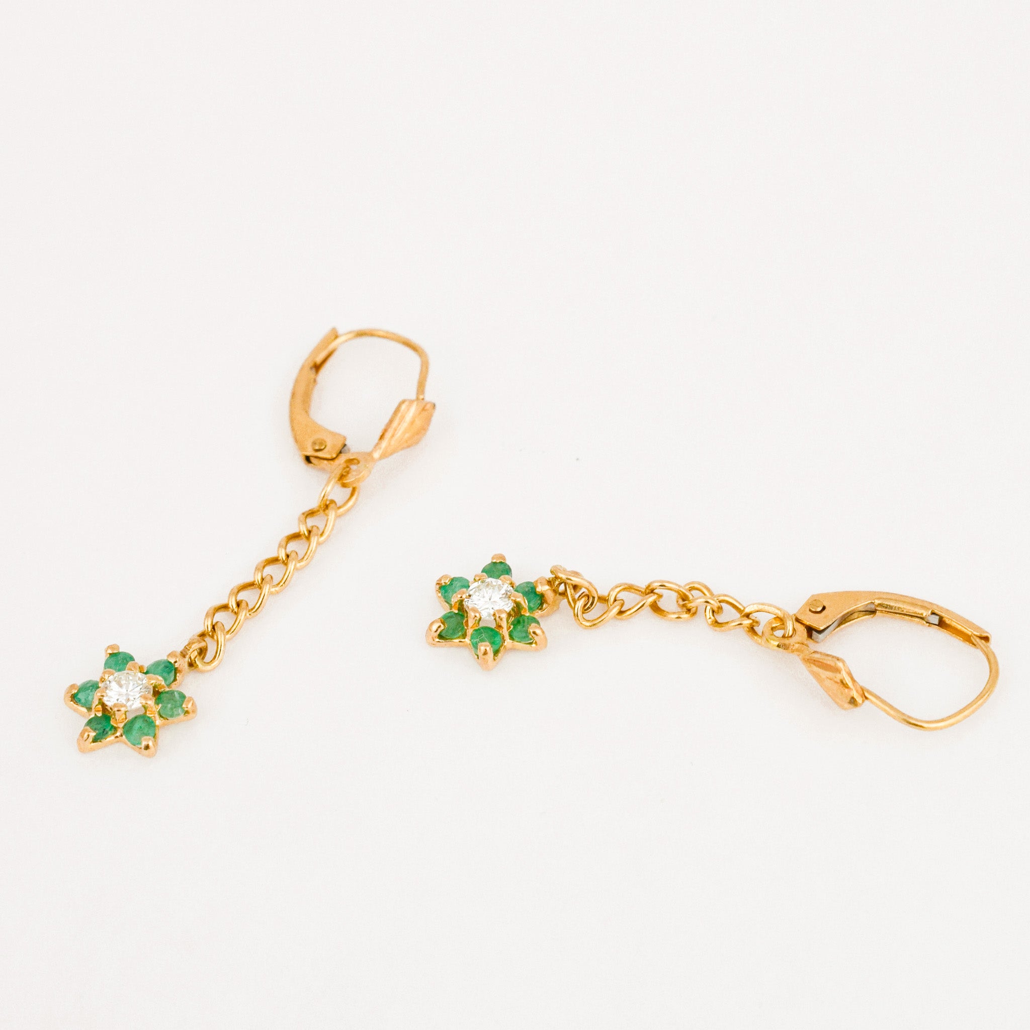 vintage 14k gold emerald and diamond floral drop earrings 