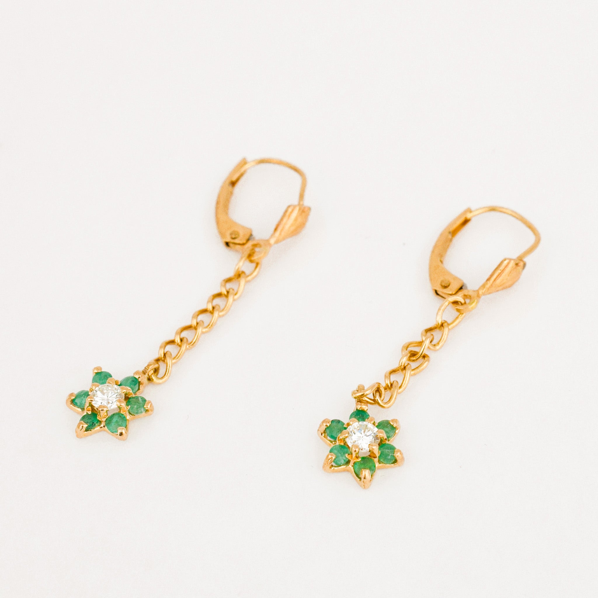 vintage 14k gold emerald and diamond floral drop earrings 