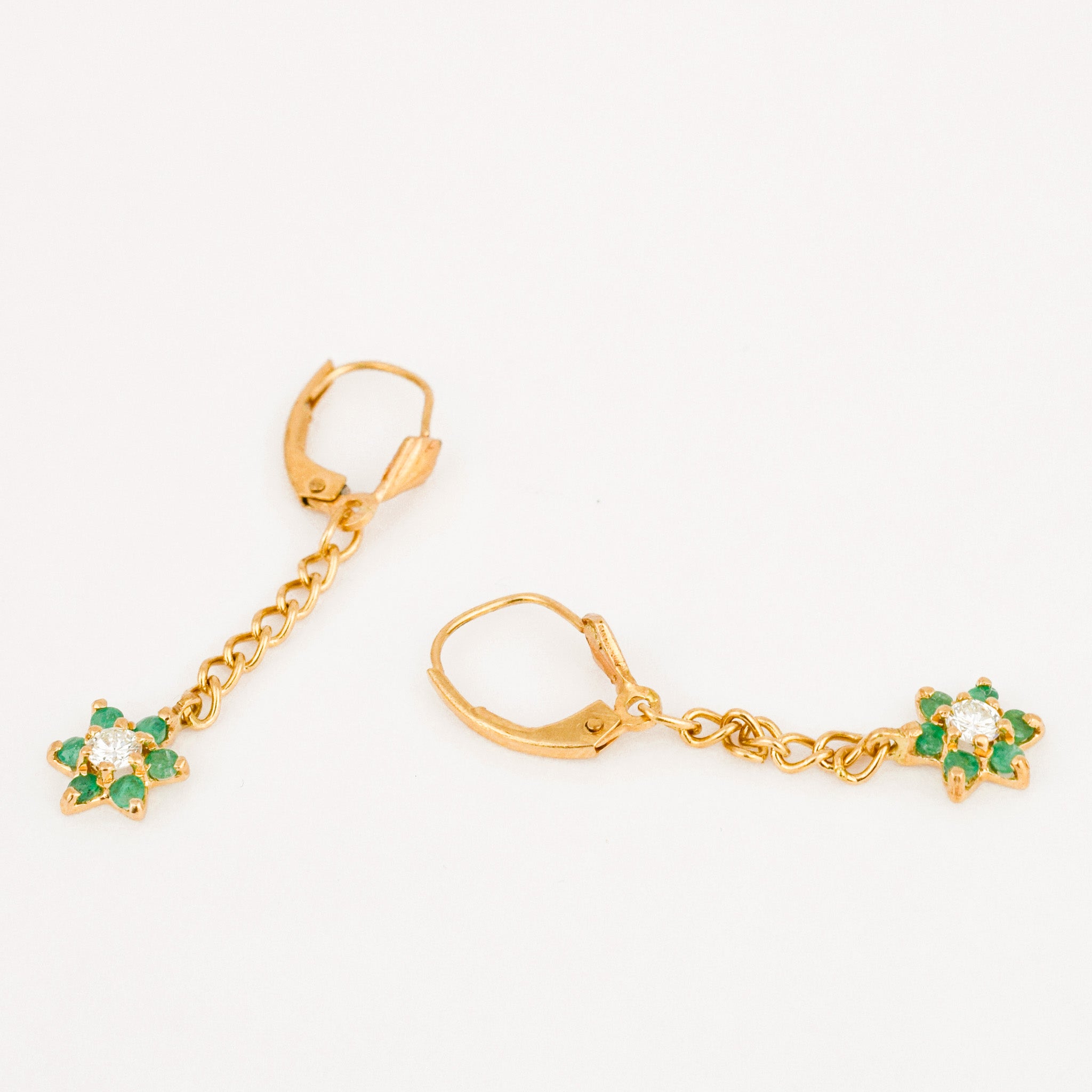 vintage 14k gold emerald and diamond floral drop earrings 