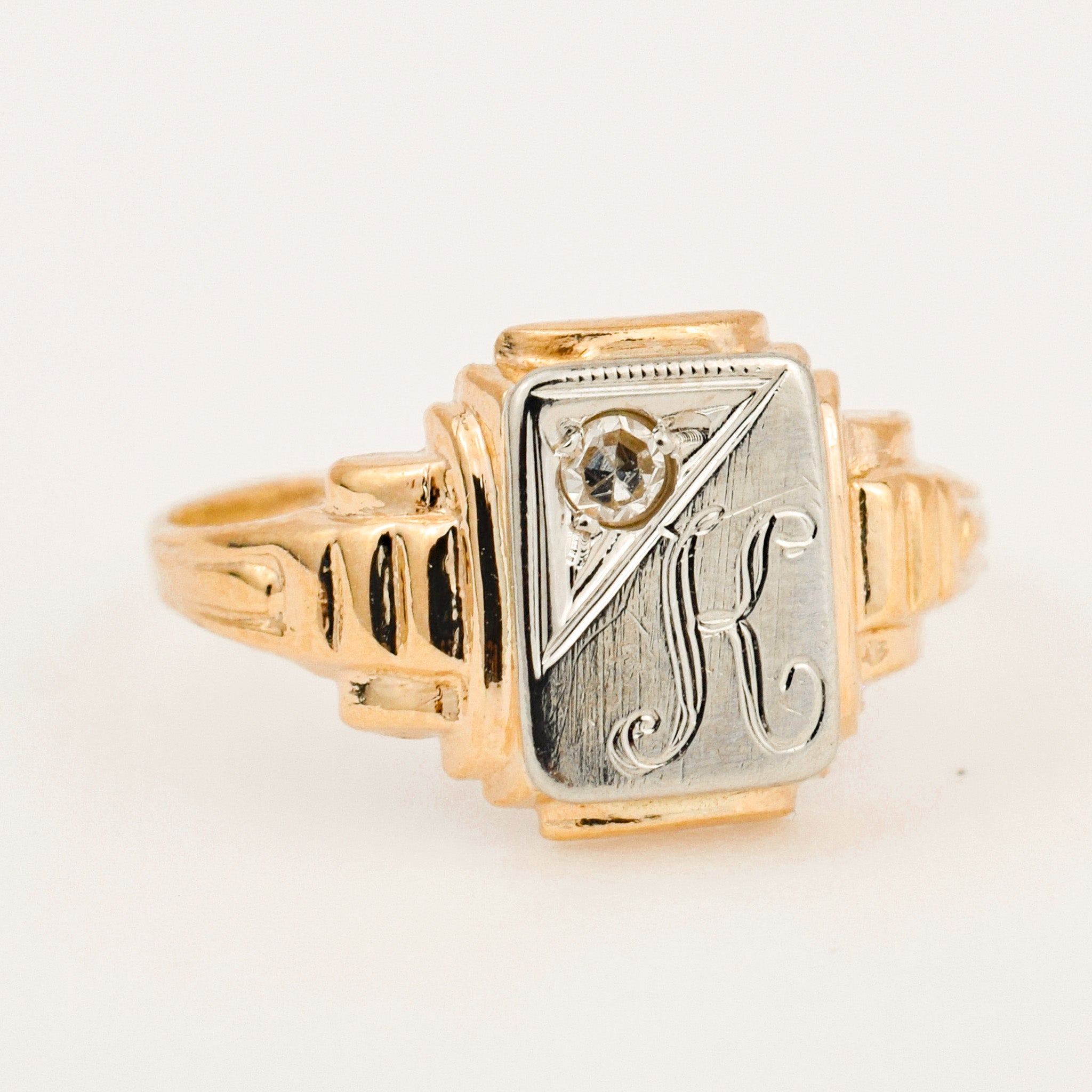 Two-Two Gold and Diamond 'K' Signet Pinkie Ring