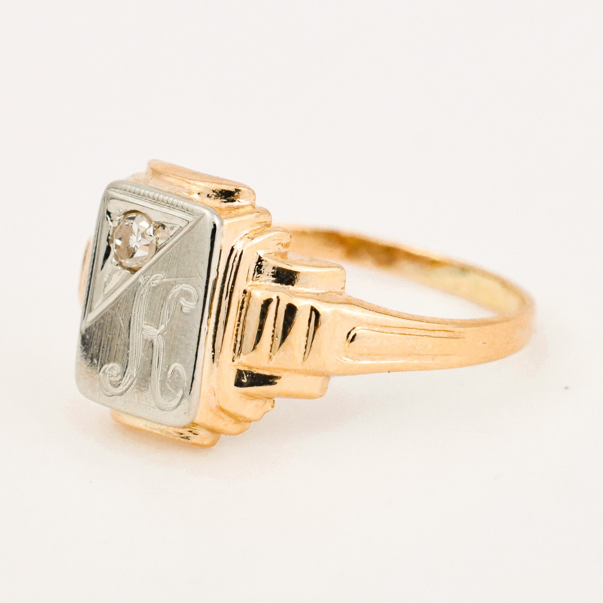 Two-Two Gold and Diamond 'K' Signet Pinkie Ring