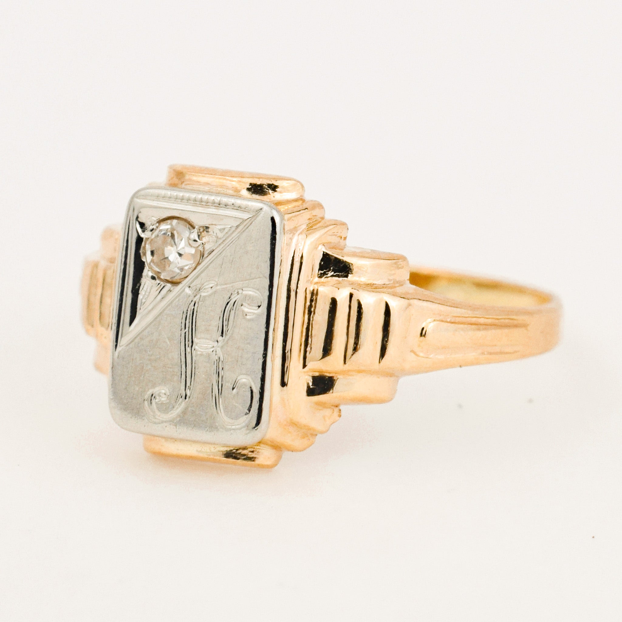 Two-Two Gold and Diamond 'K' Signet Pinkie Ring