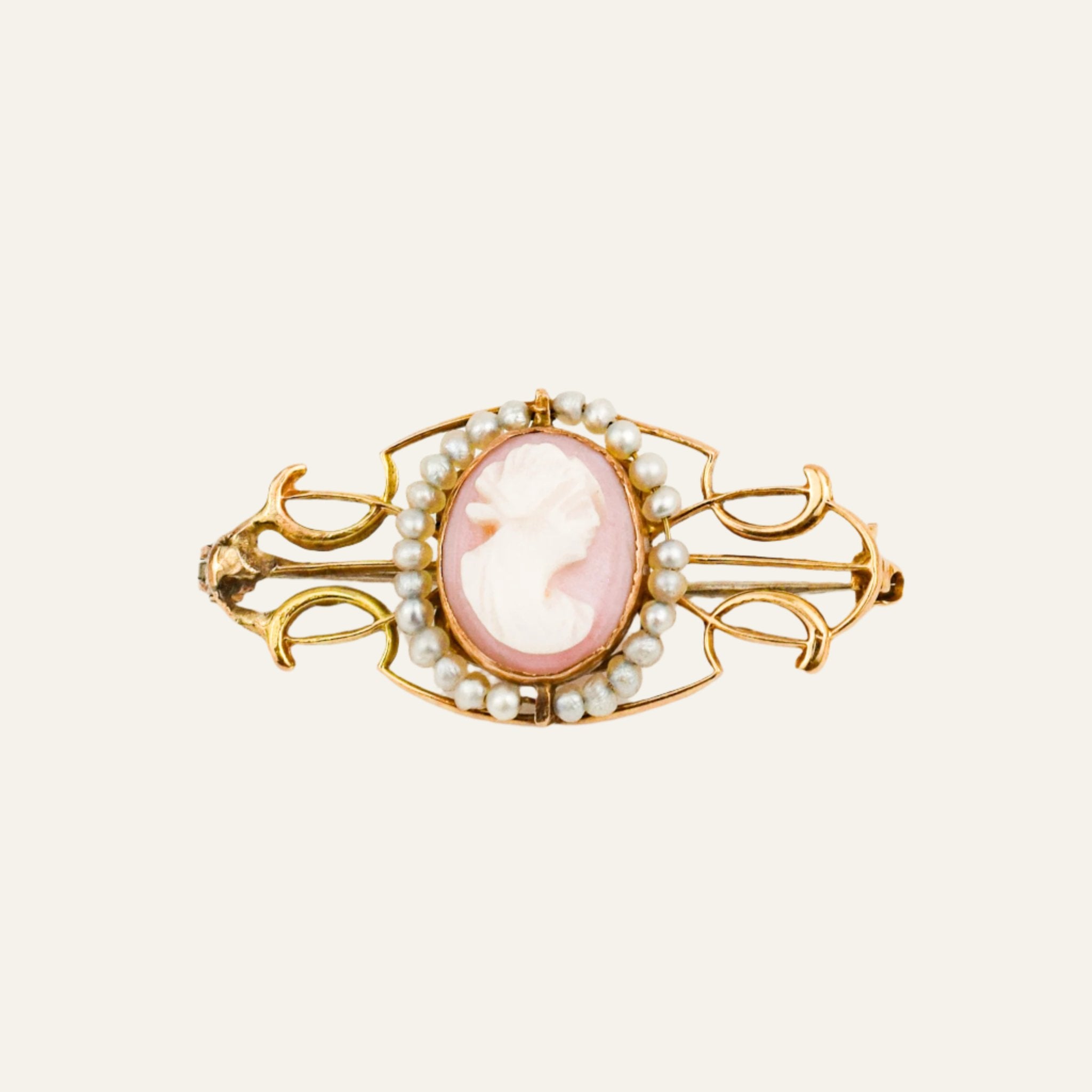 Antique Shell Cameo and Seed Pearl Pin