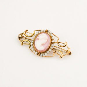 Antique Shell Cameo and Seed Pearl Pin