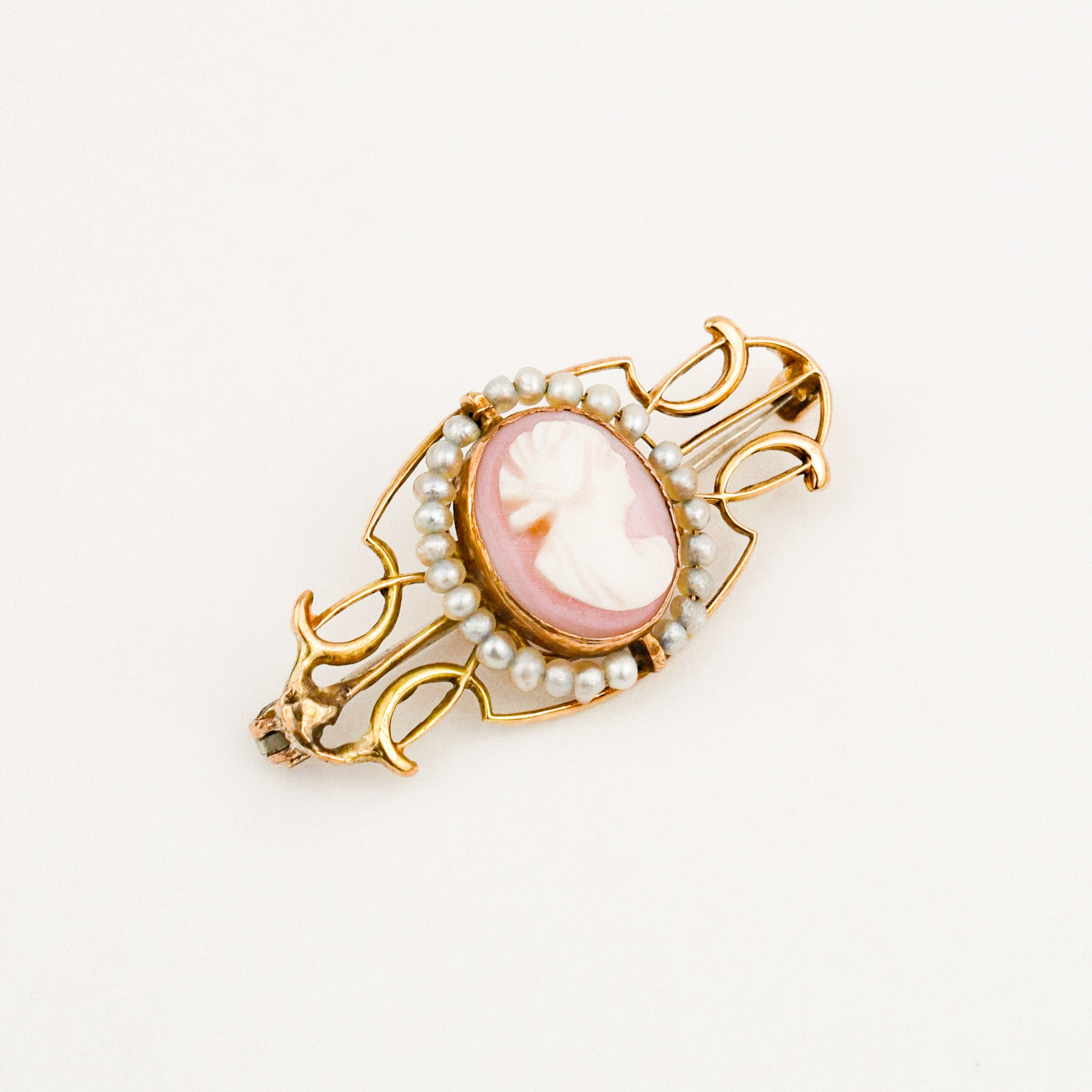 Antique Shell Cameo and Seed Pearl Pin