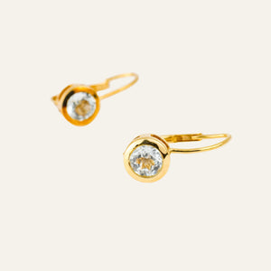 Vintage gold bezel set blue stone drop hoop earrings 
