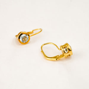 Vintage gold bezel set blue stone drop hoop earrings 