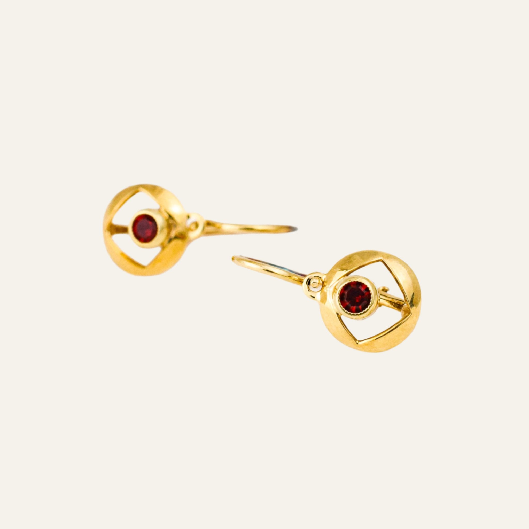 Vintage gold Red Stone Drop Hoops