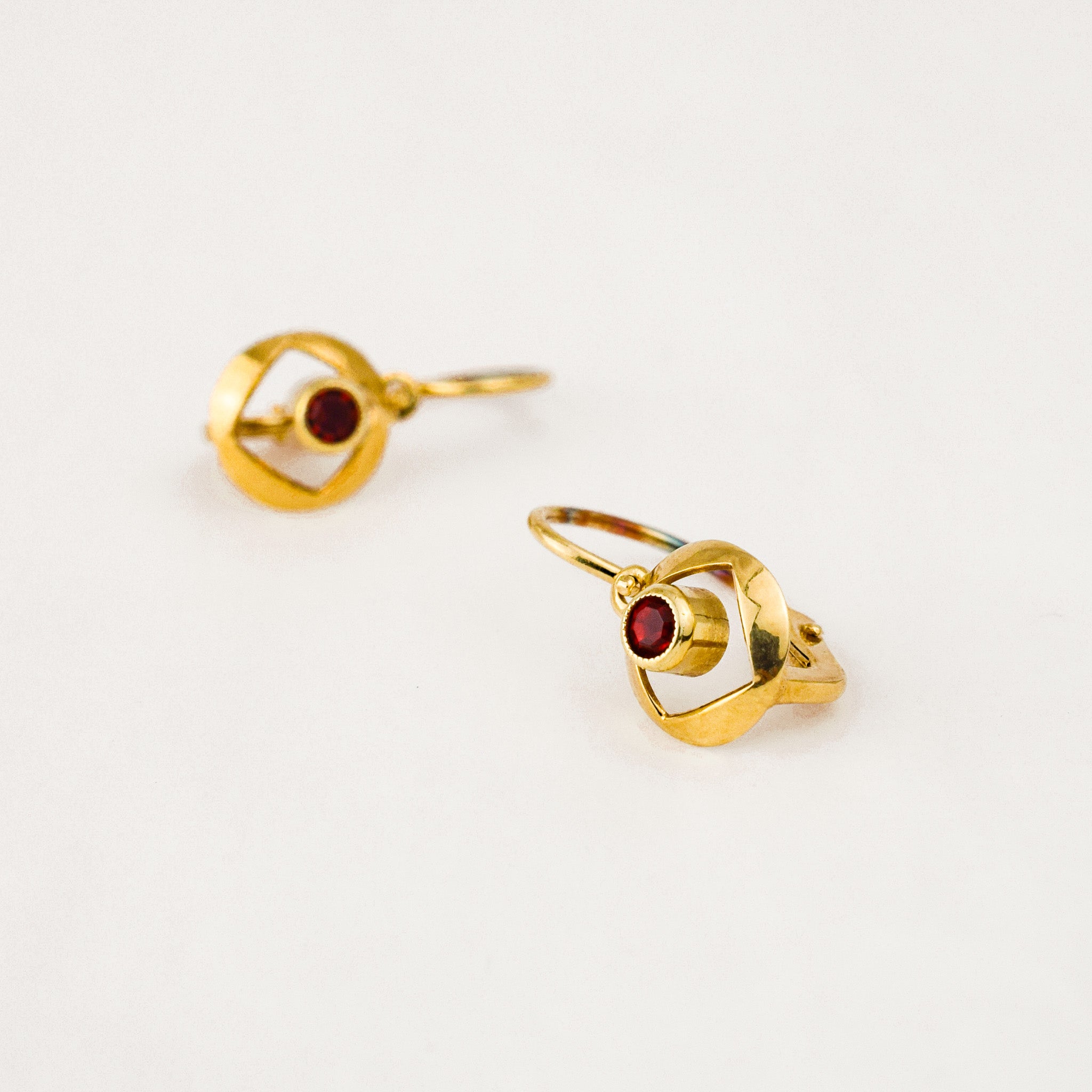 Vintage gold Red Stone Drop Hoops