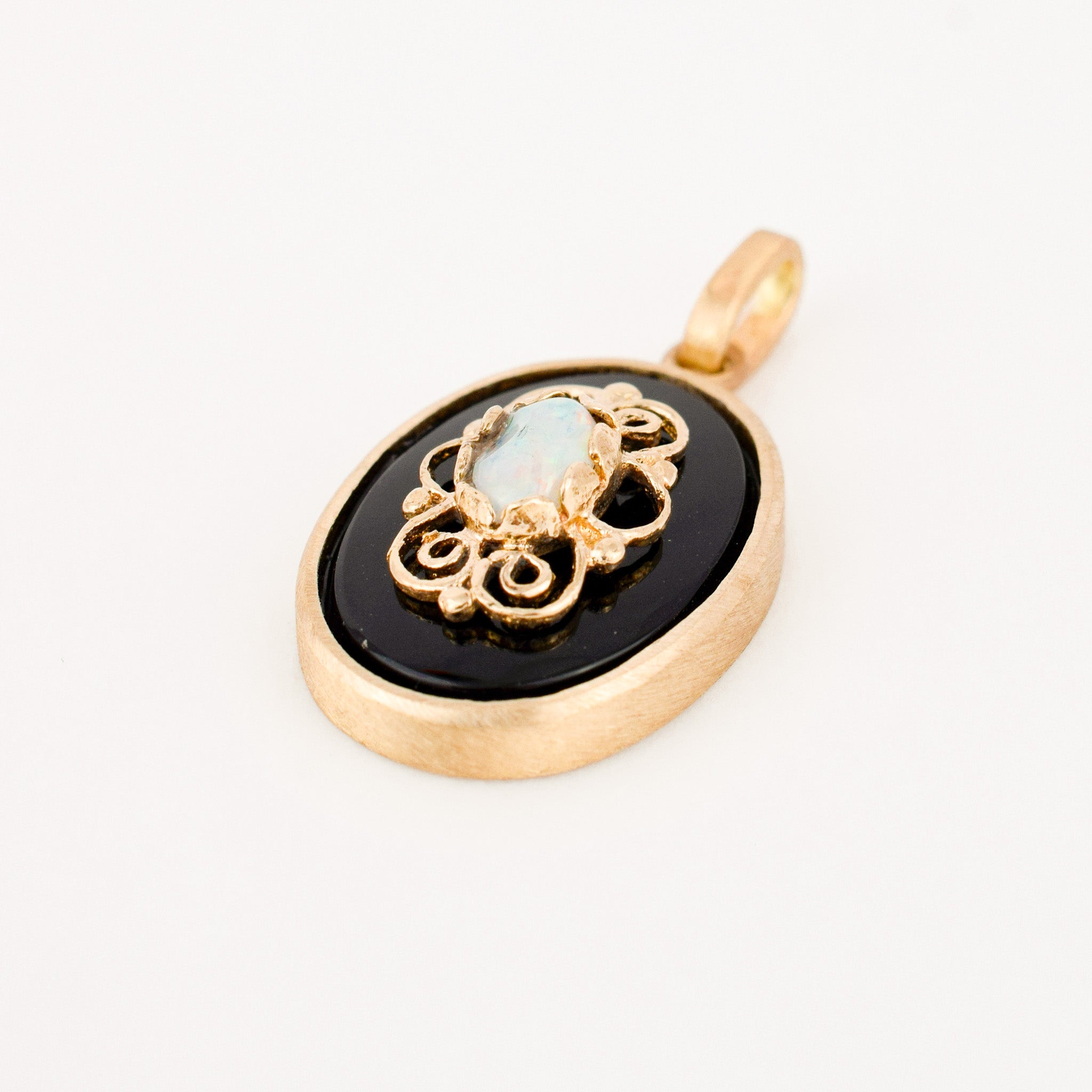 Bezel Set Onyx and Opal Pendant