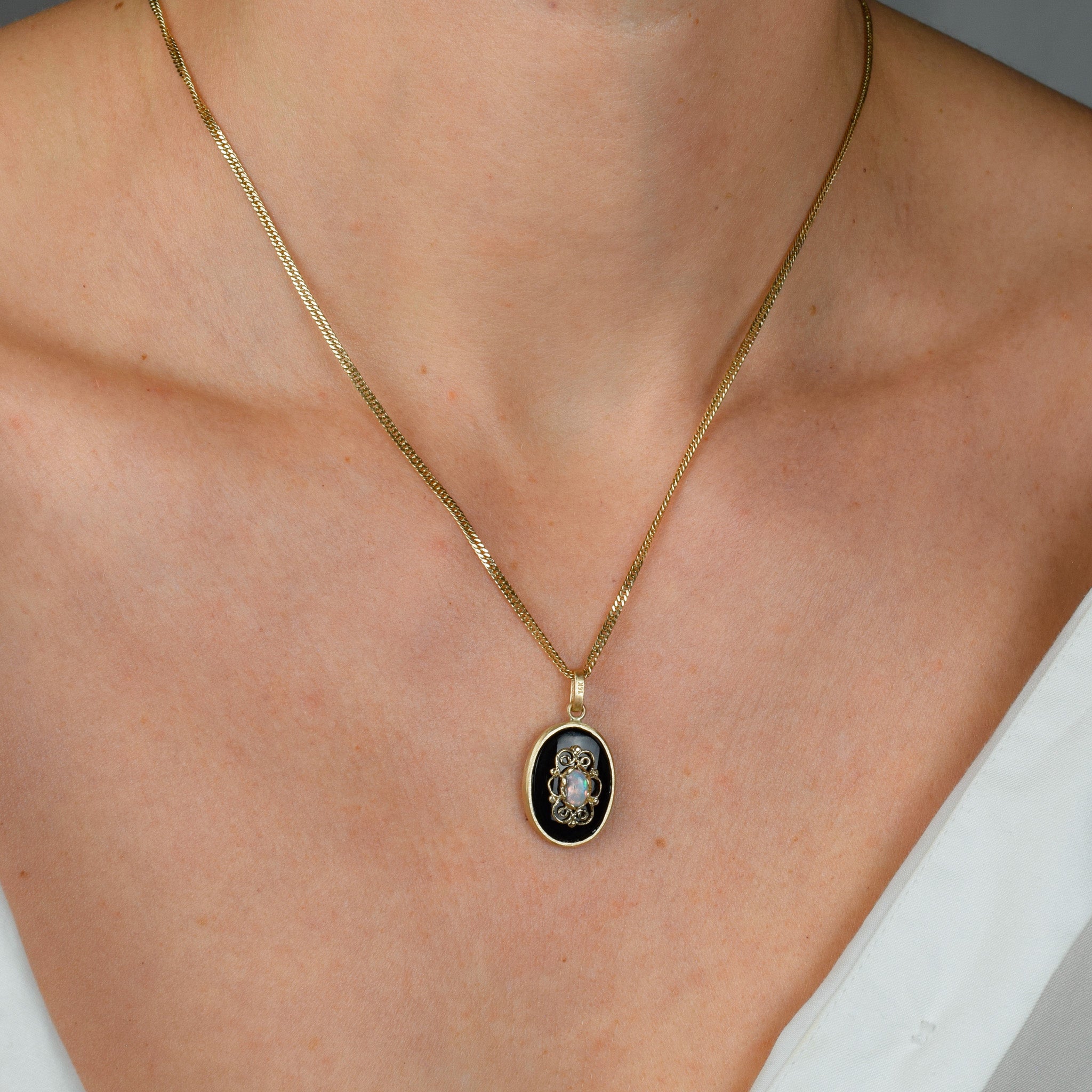 Bezel Set Onyx and Opal Pendant