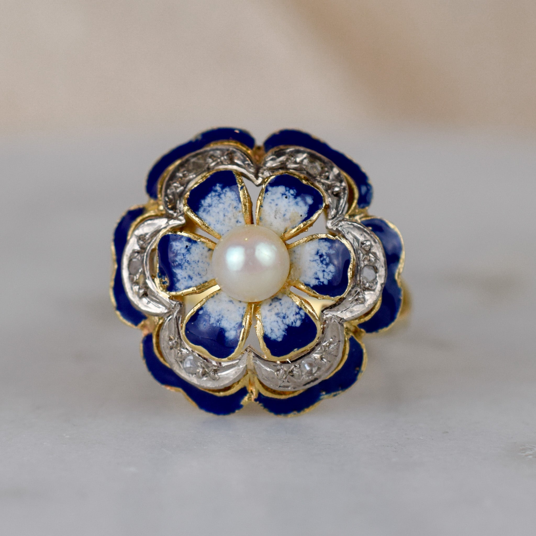 Flower Enamel Diamond and Pearl Ring