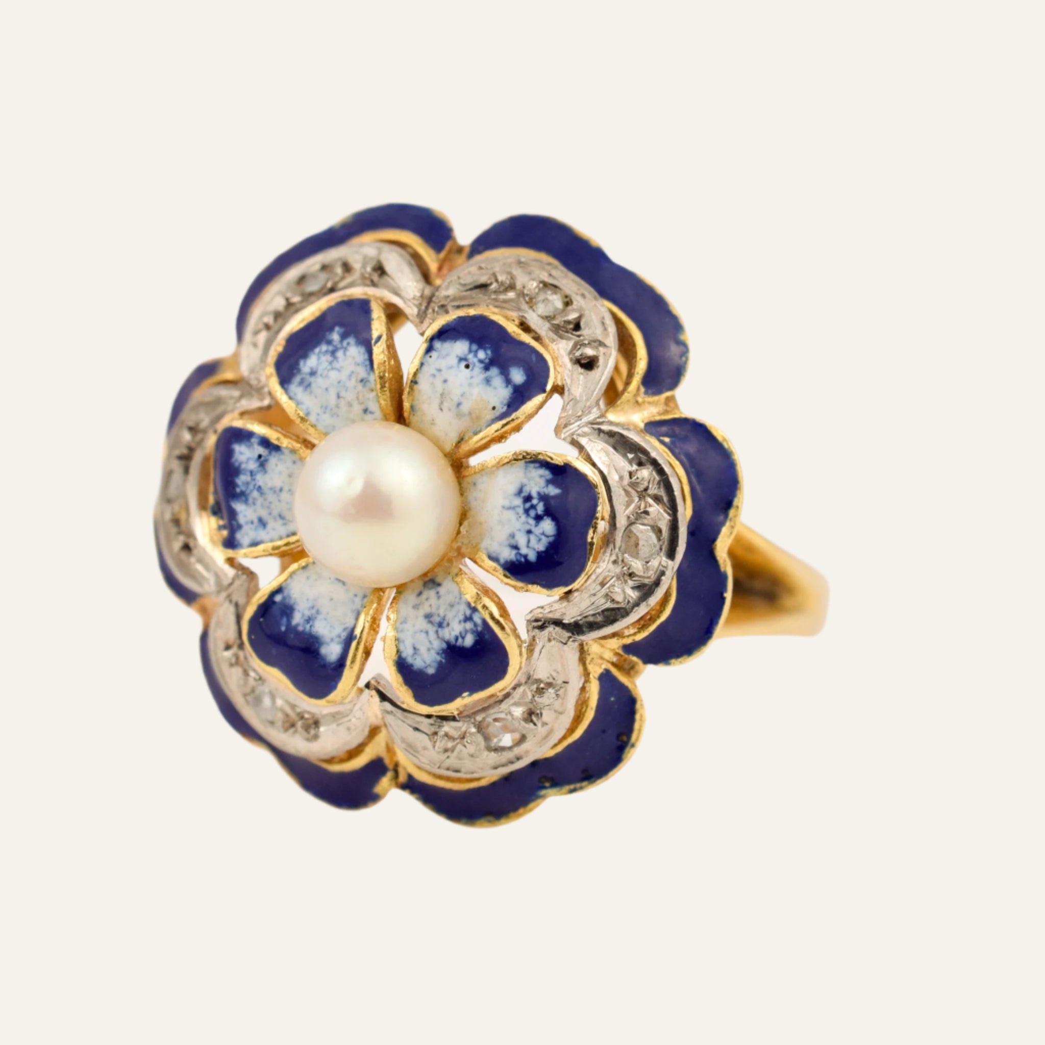 Flower Enamel Diamond and Pearl Ring