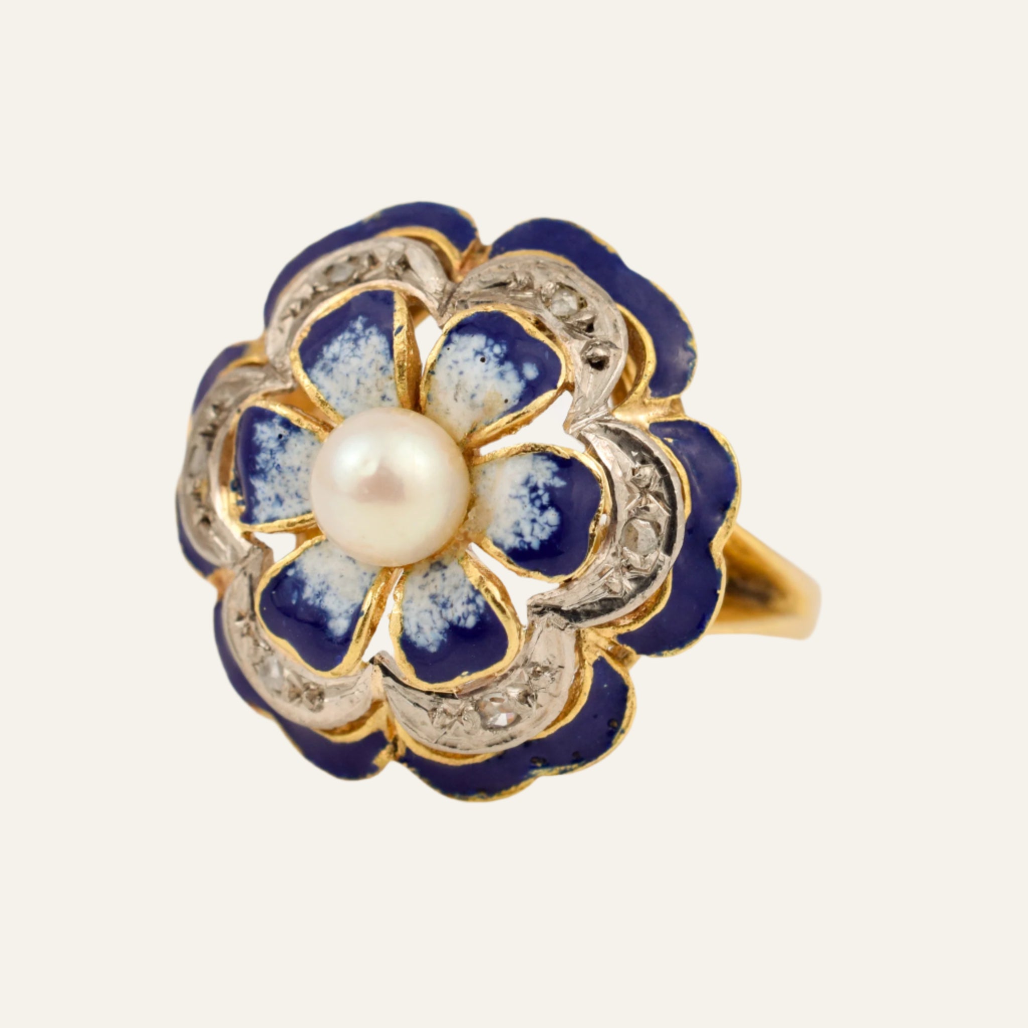 Flower Enamel Diamond and Pearl Ring