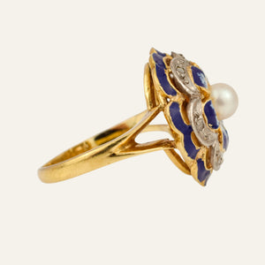 Flower Enamel Diamond and Pearl Ring