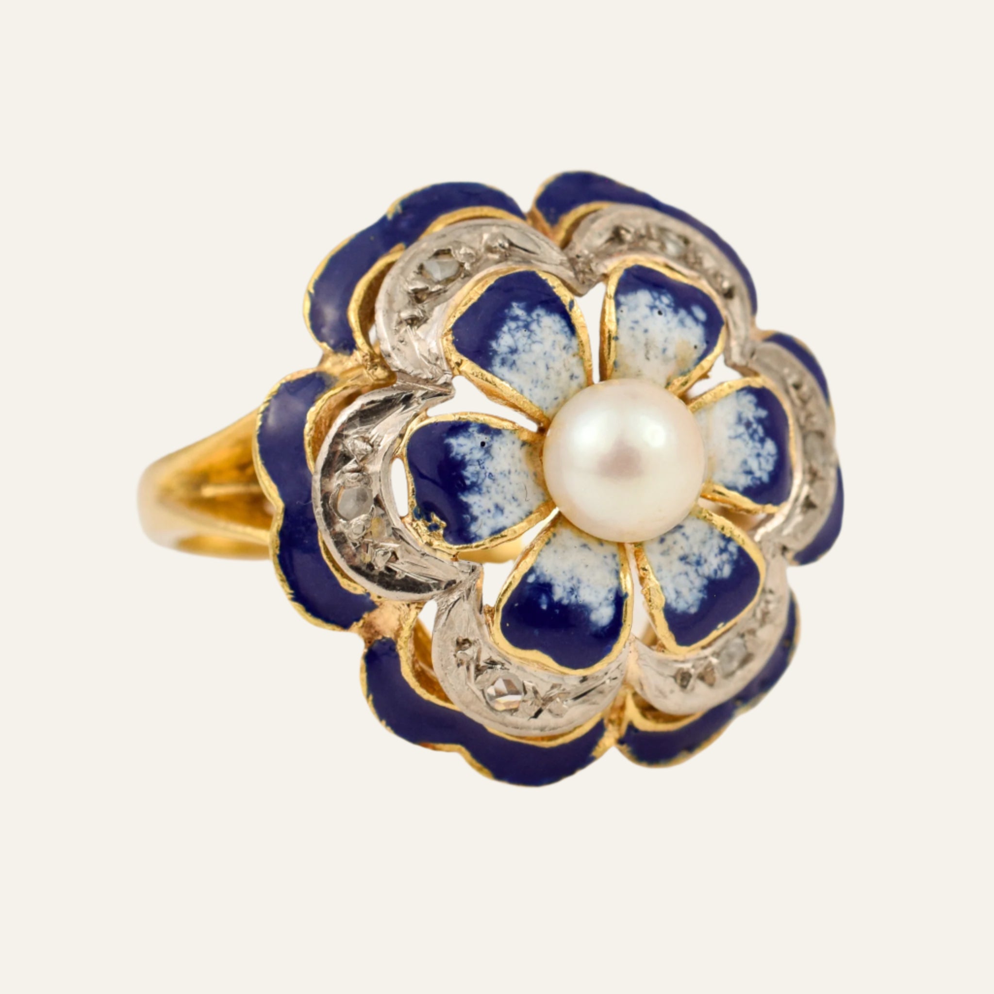 Flower Enamel Diamond and Pearl Ring