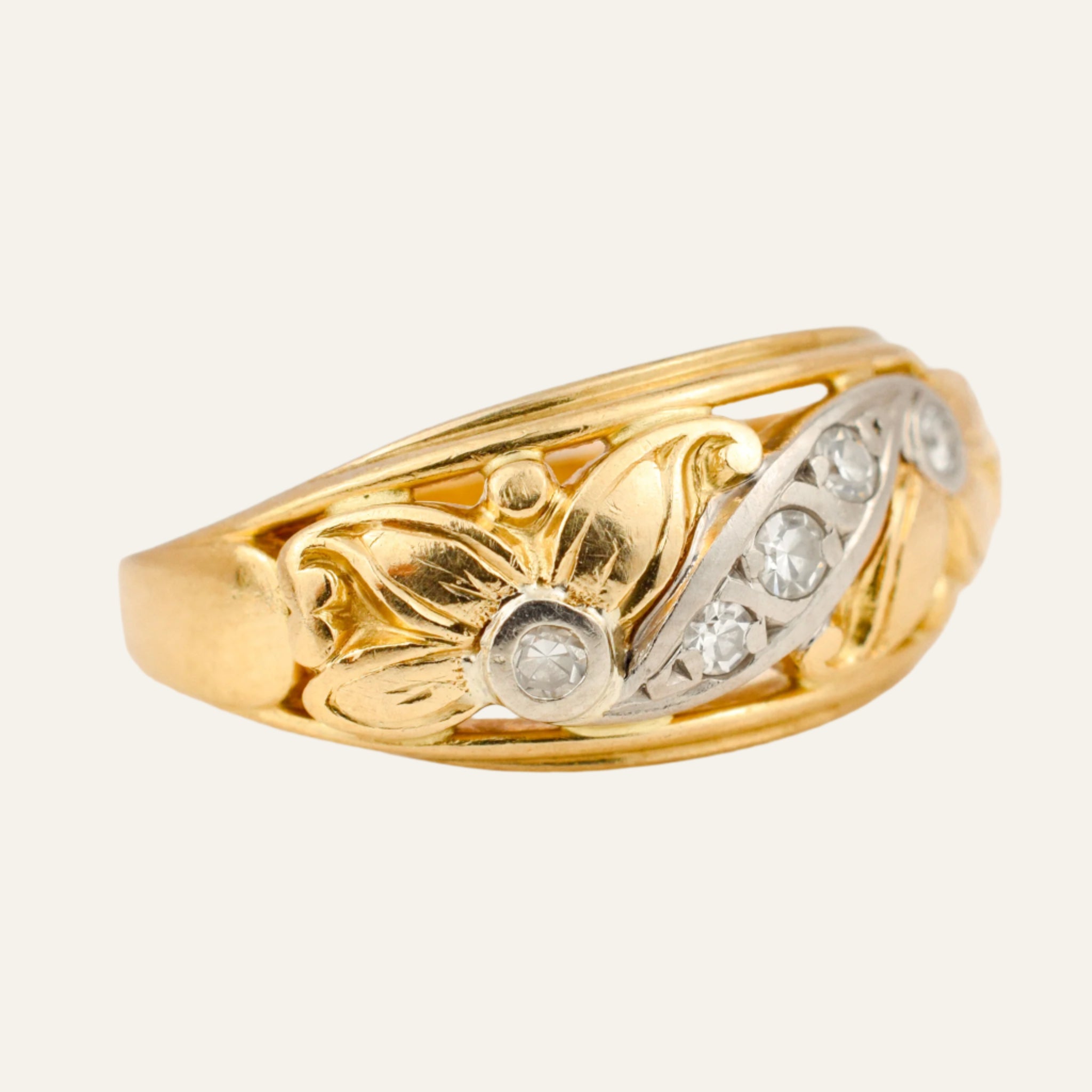 Handcrafted Floral and Diamond Gold Band