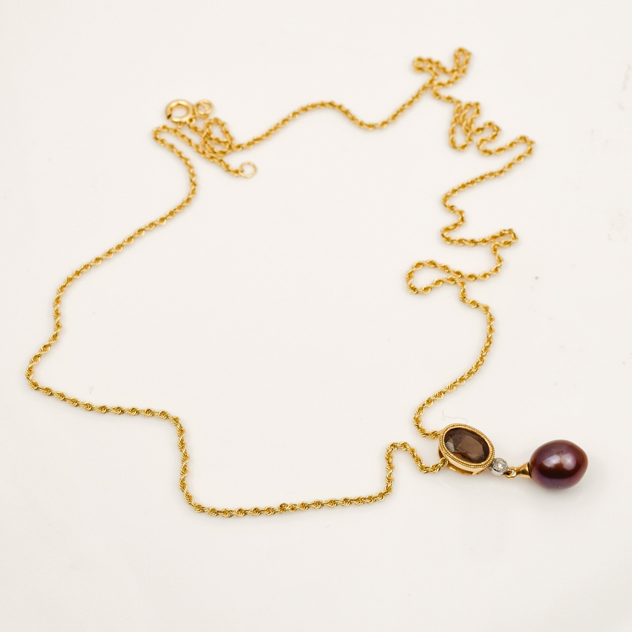 Smoky Quartz and Purple Pearl Chain Necklace