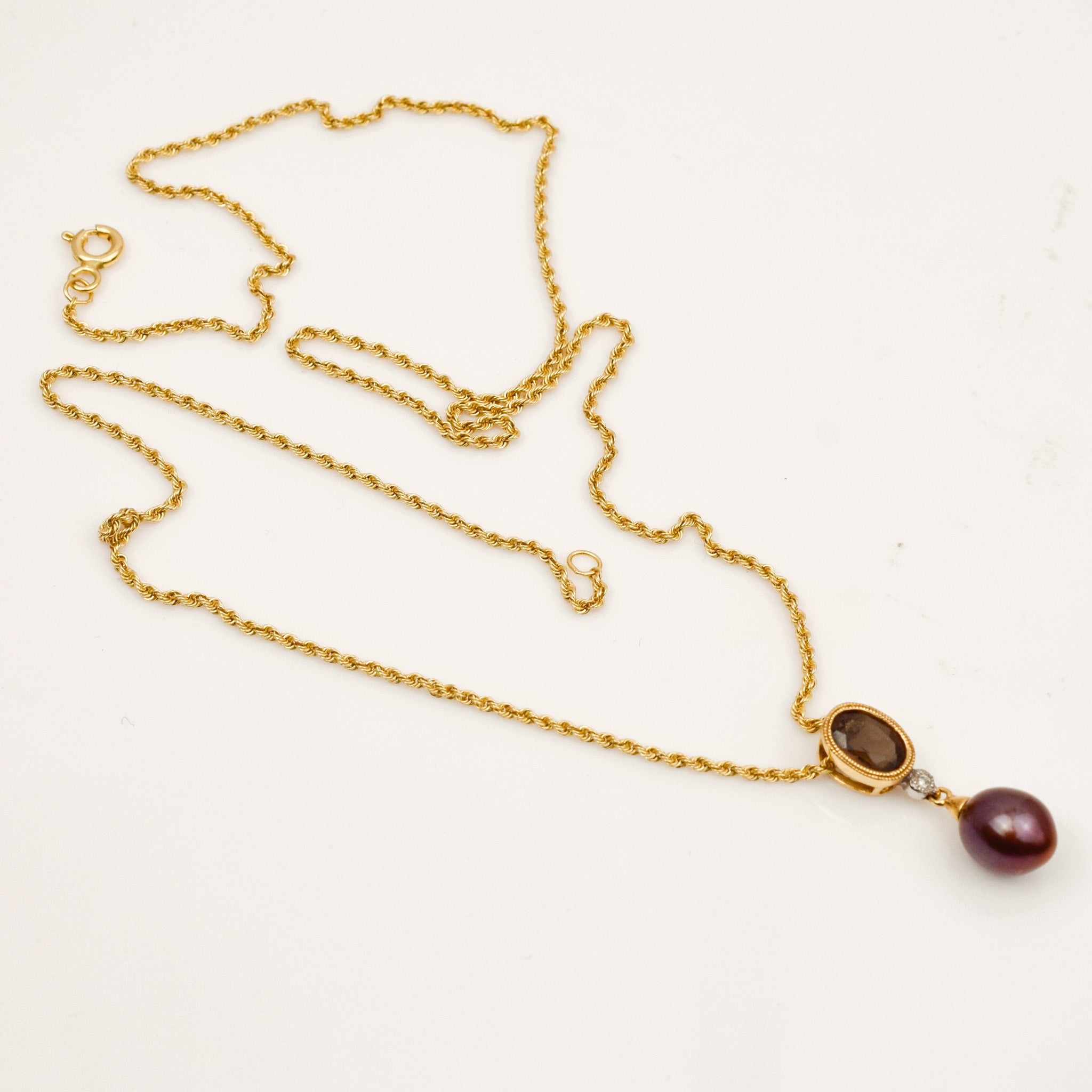Smoky Quartz and Purple Pearl Chain Necklace