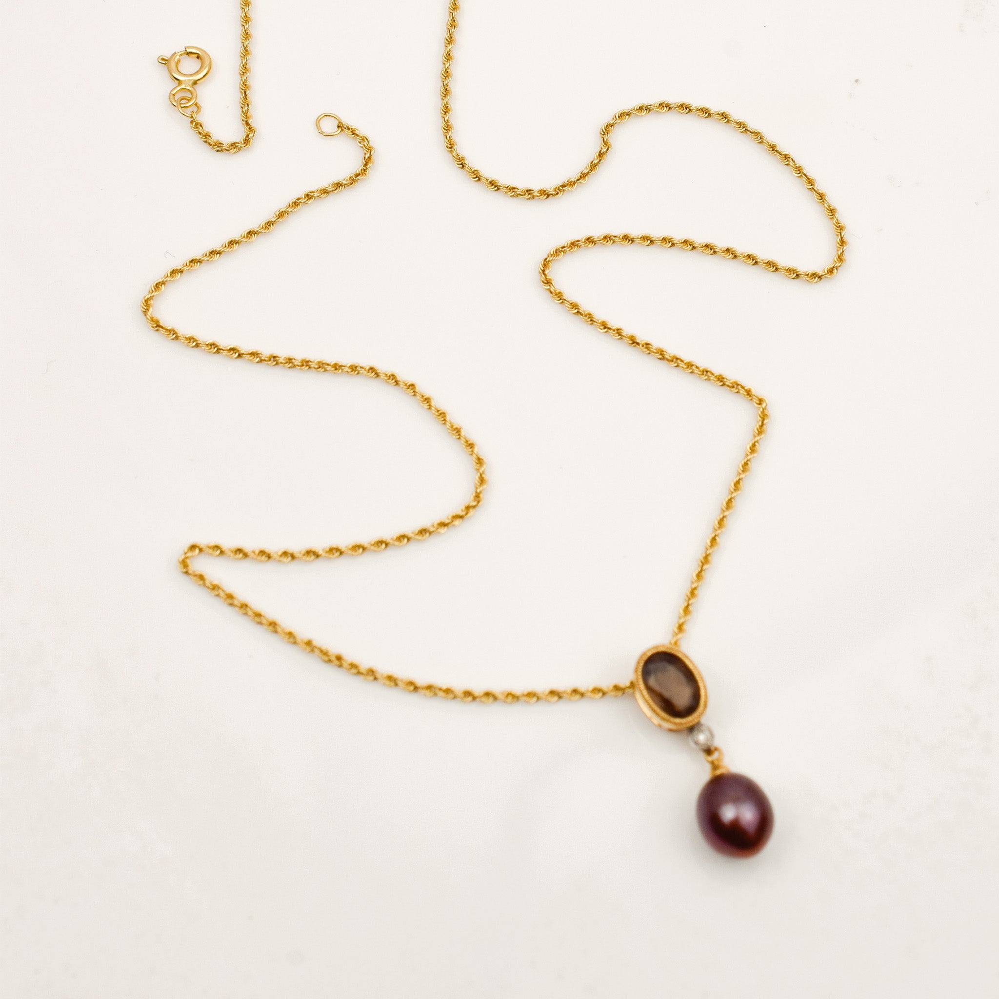 Smoky Quartz and Purple Pearl Chain Necklace