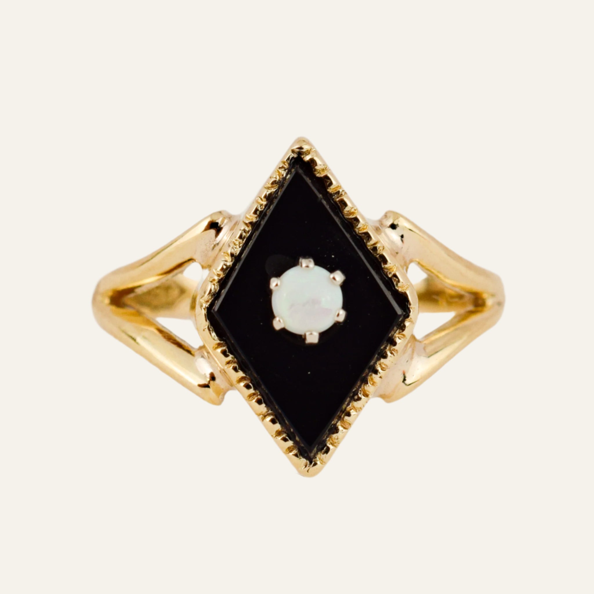 Rhombus Shaped Onyx and Opal Ring