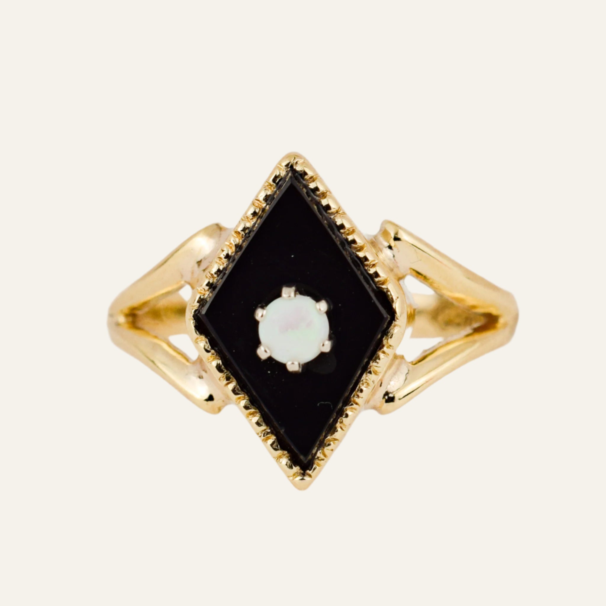 Rhombus Shaped Onyx and Opal Ring
