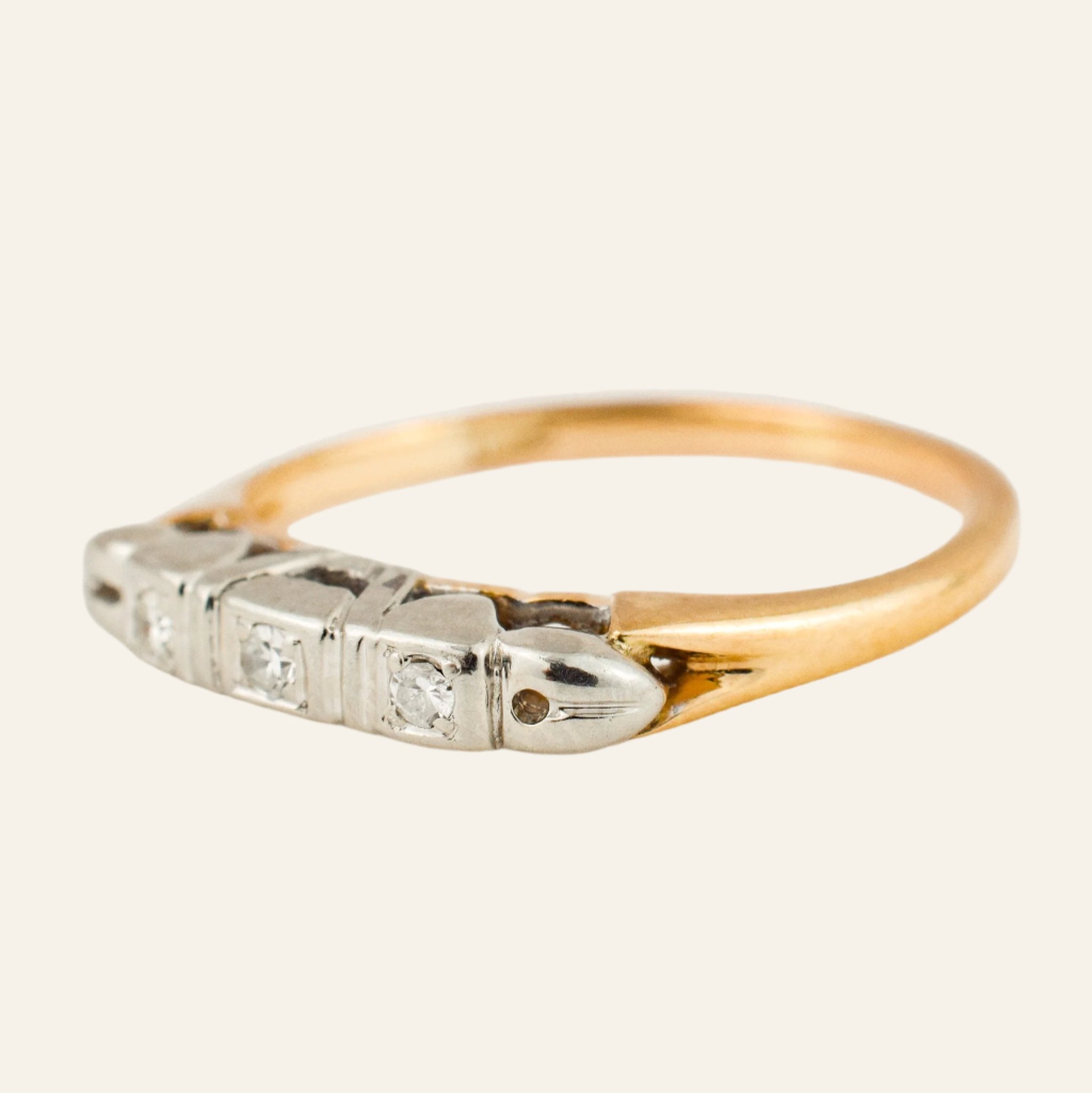 Antique White and Yellow Gold Diamond Trilogy Ring