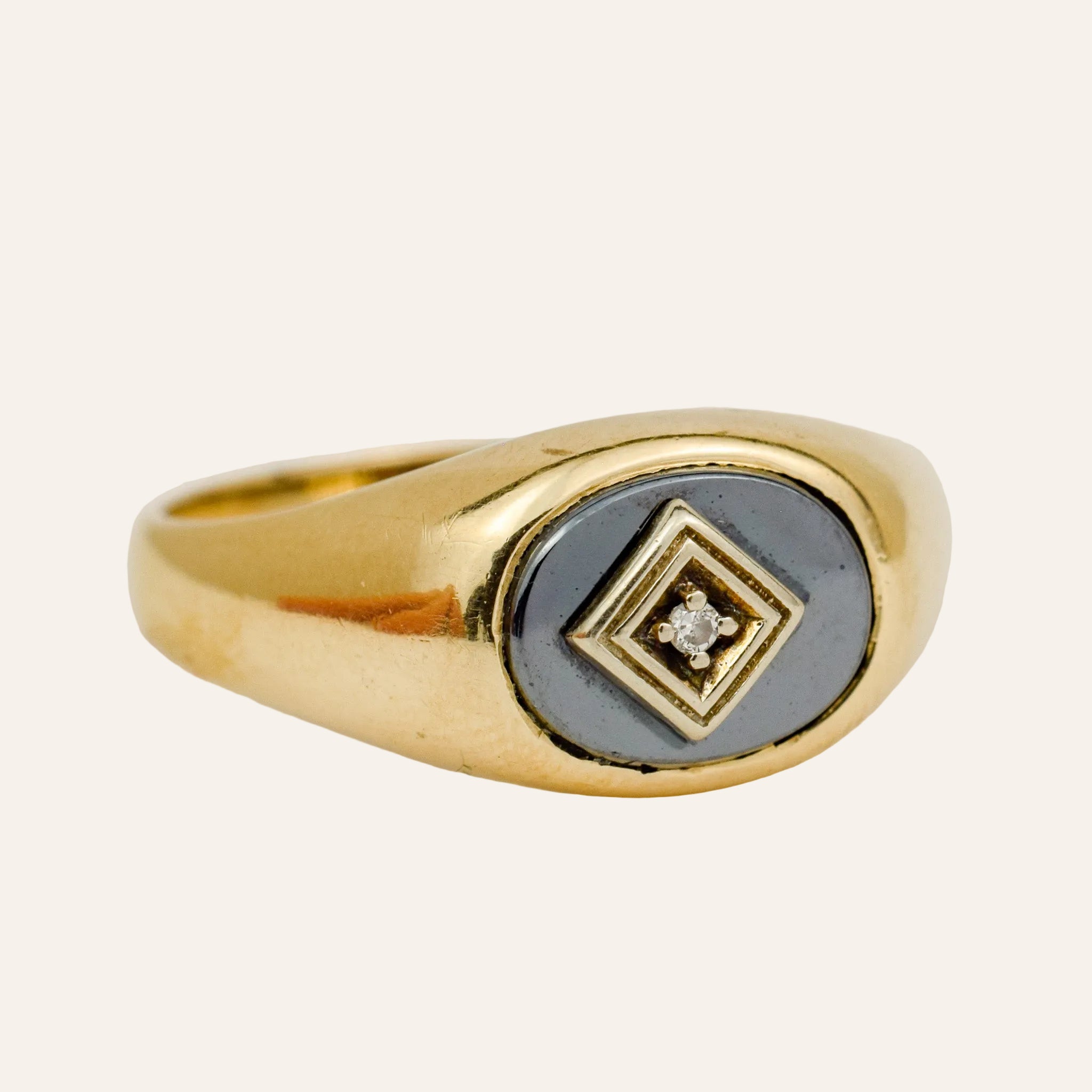 Hematite and Diamond Signet Ring