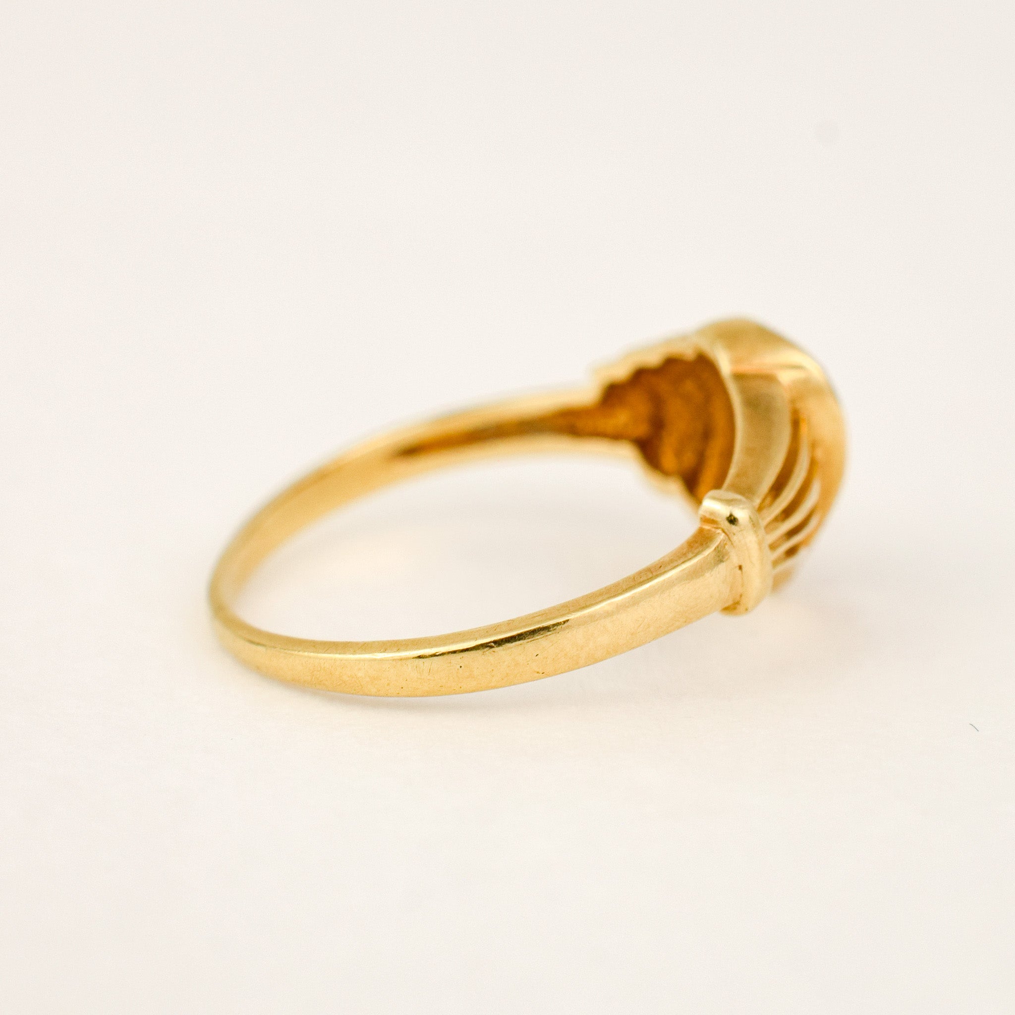 Sculptural Shell and Diamond Ring, angled view of the shell setting and fanned openwork shoulders