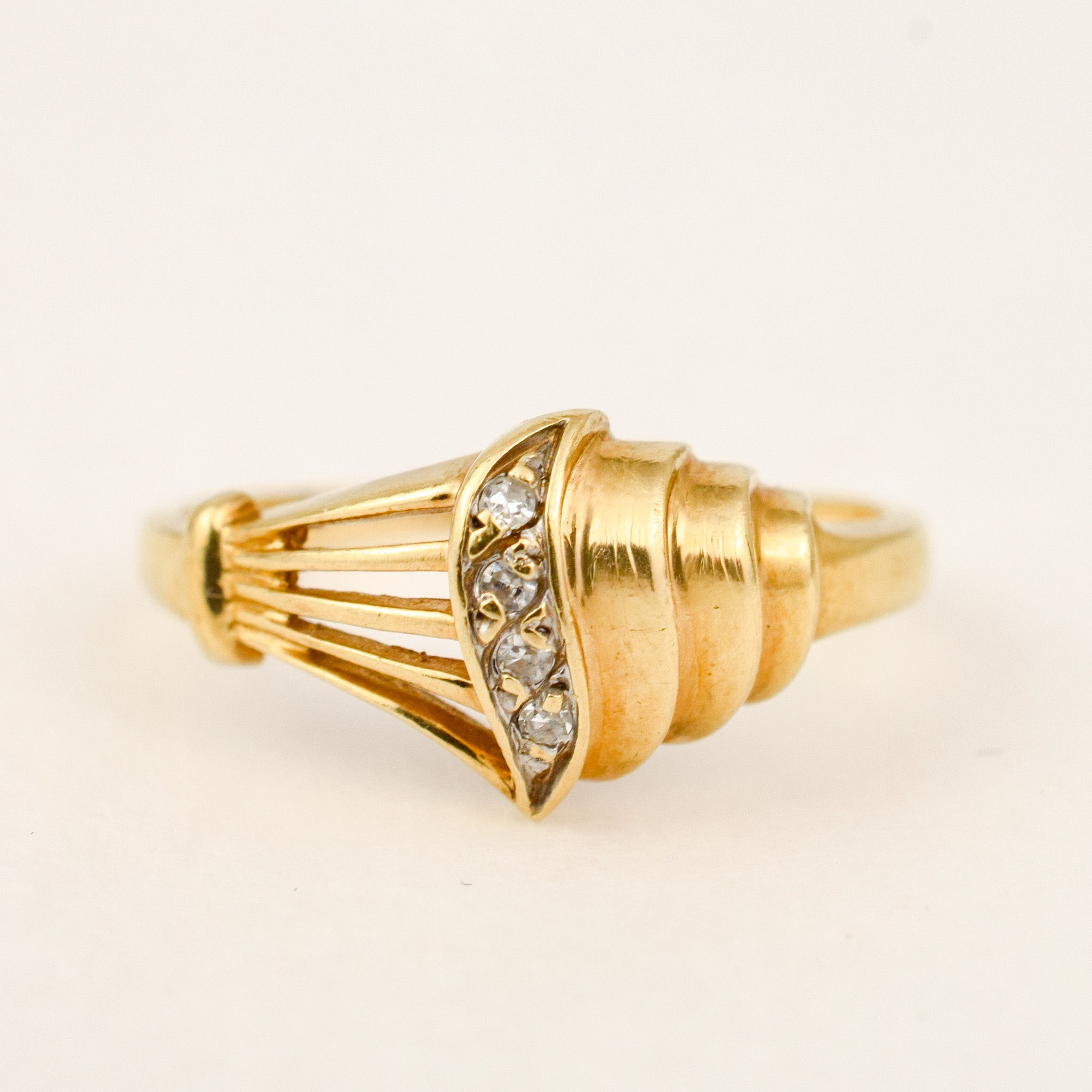 Sculptural Shell and Diamond Ring, inside band view showing the 10k hallmark