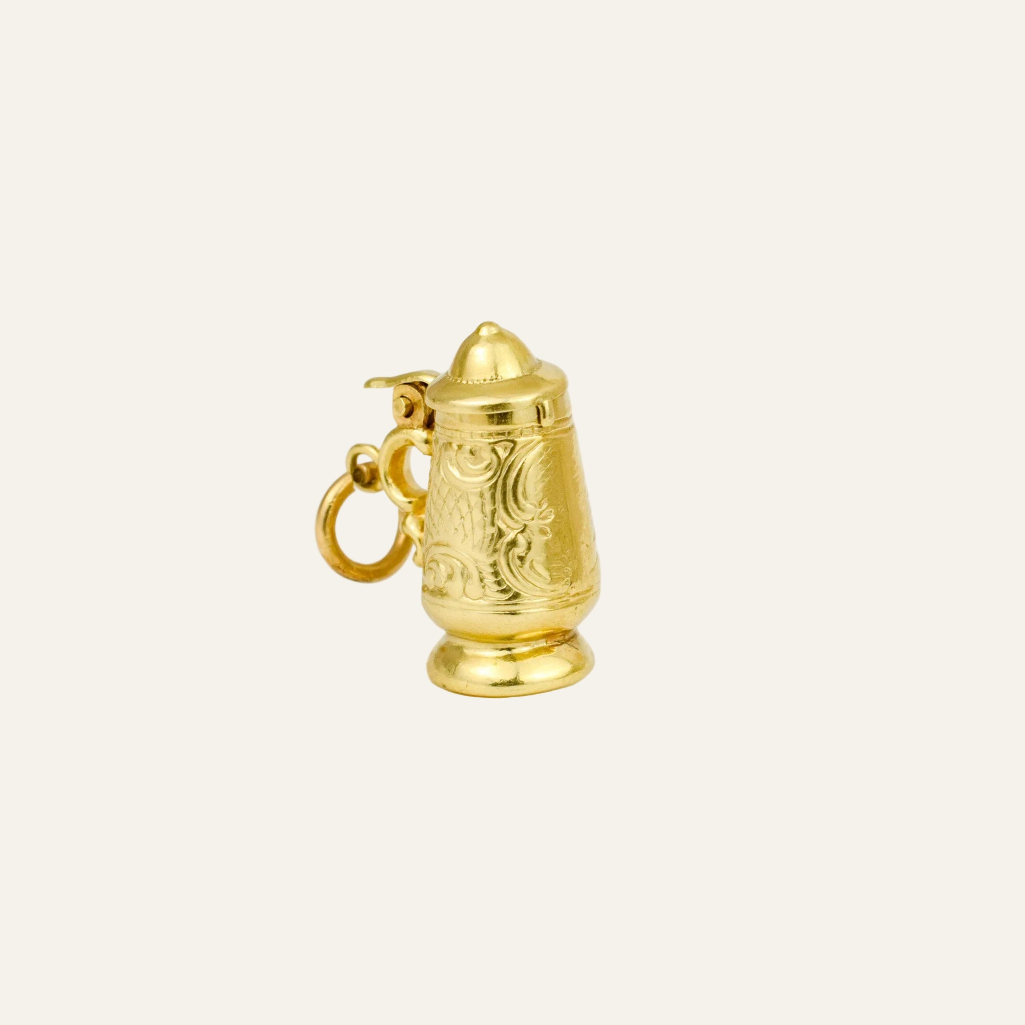 Miniature 14k yellow gold beer stein charm with engraved scrollwork, domed lid, and handle