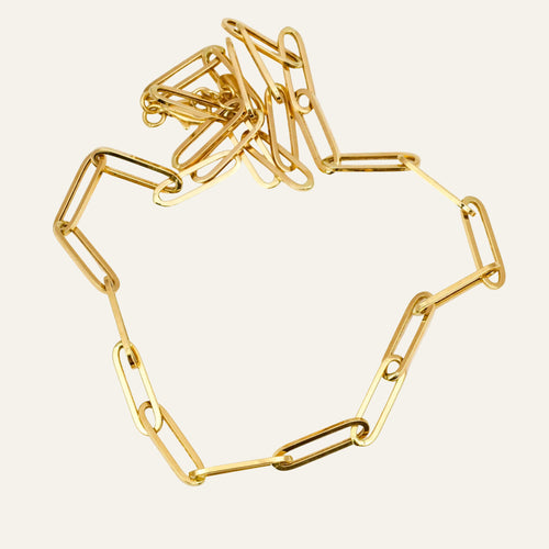 Vintage 14k gold paperclip link necklace with long flat rounded links.