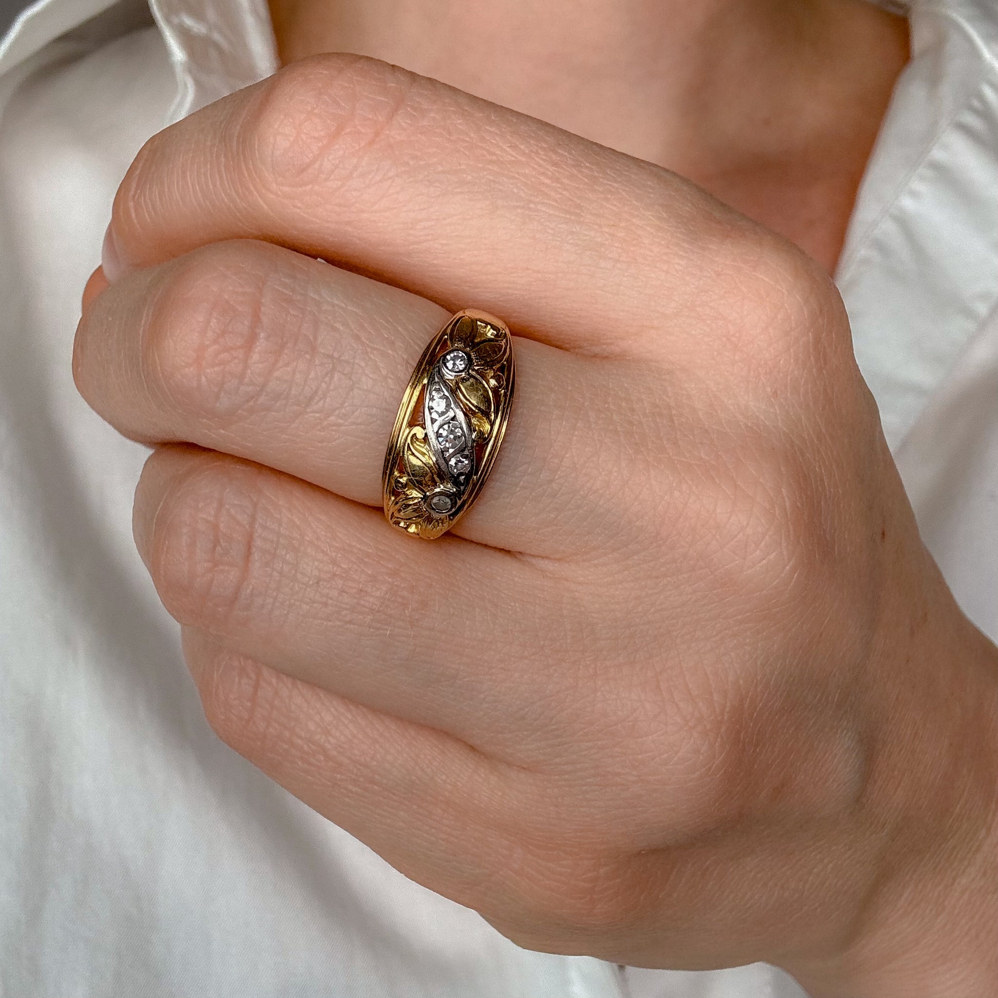 Handcrafted Floral and Diamond Gold Band