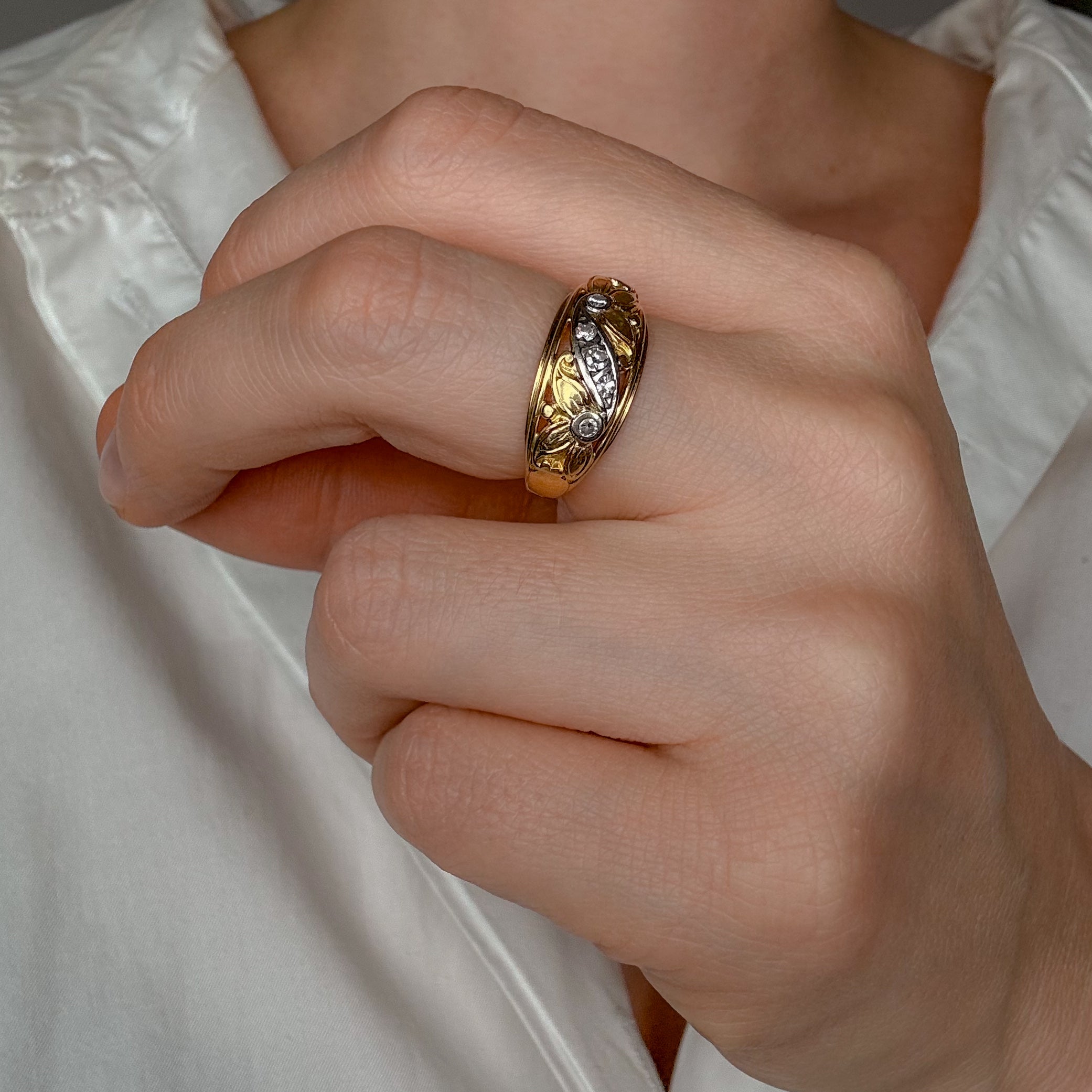 Handcrafted Floral and Diamond Gold Band