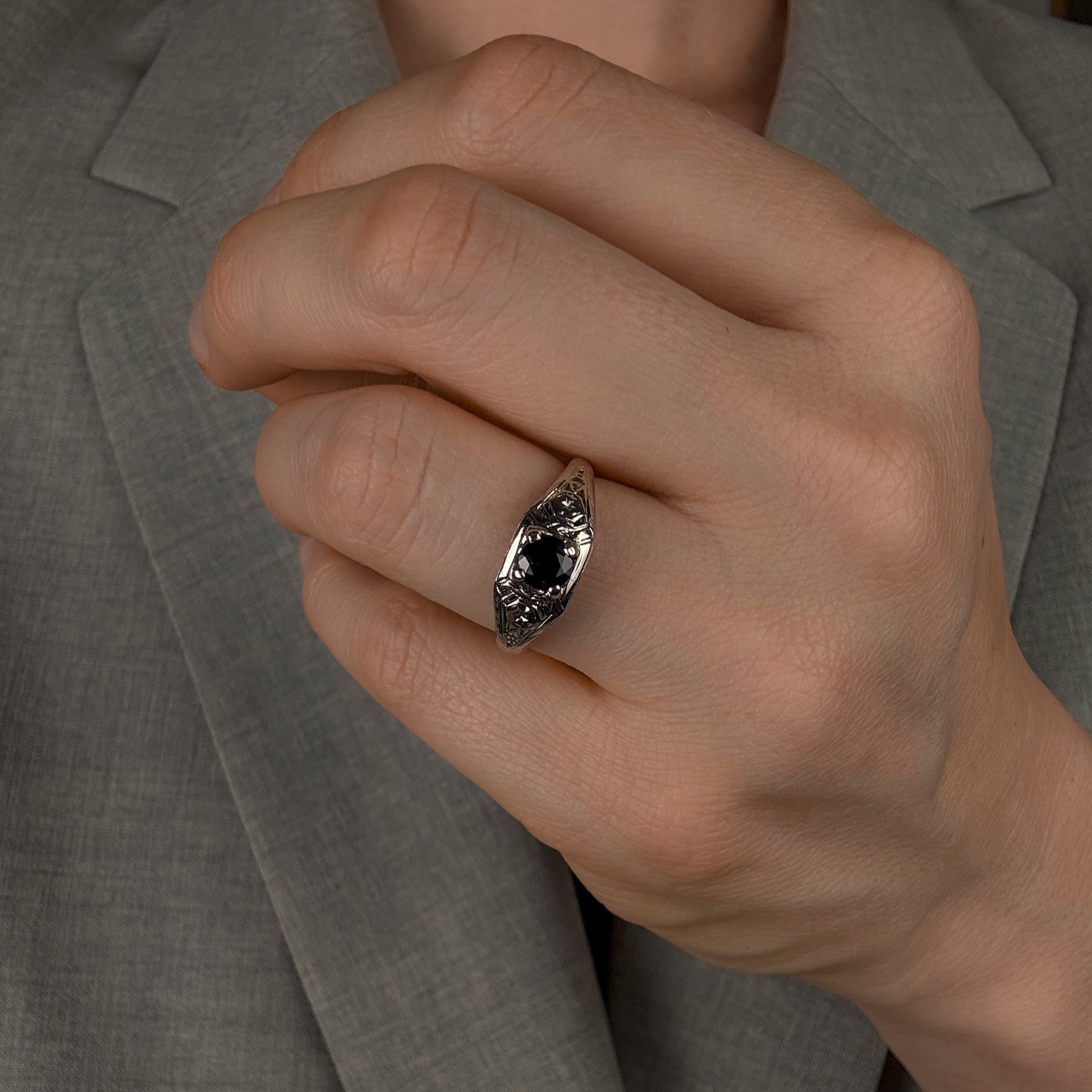 Antique White Gold and Sapphire Ring