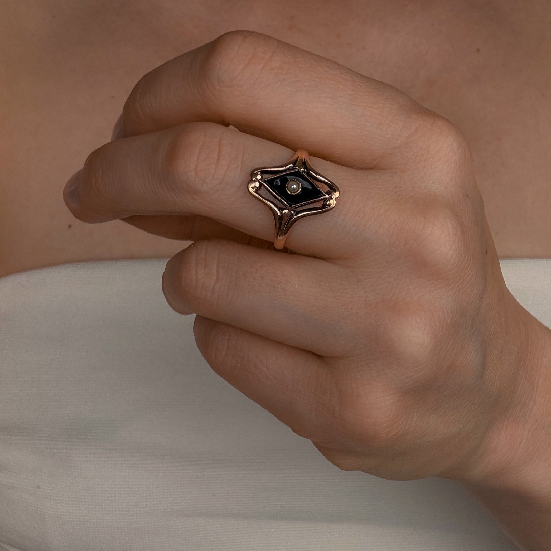 Onyx and Seed Pearl Ring