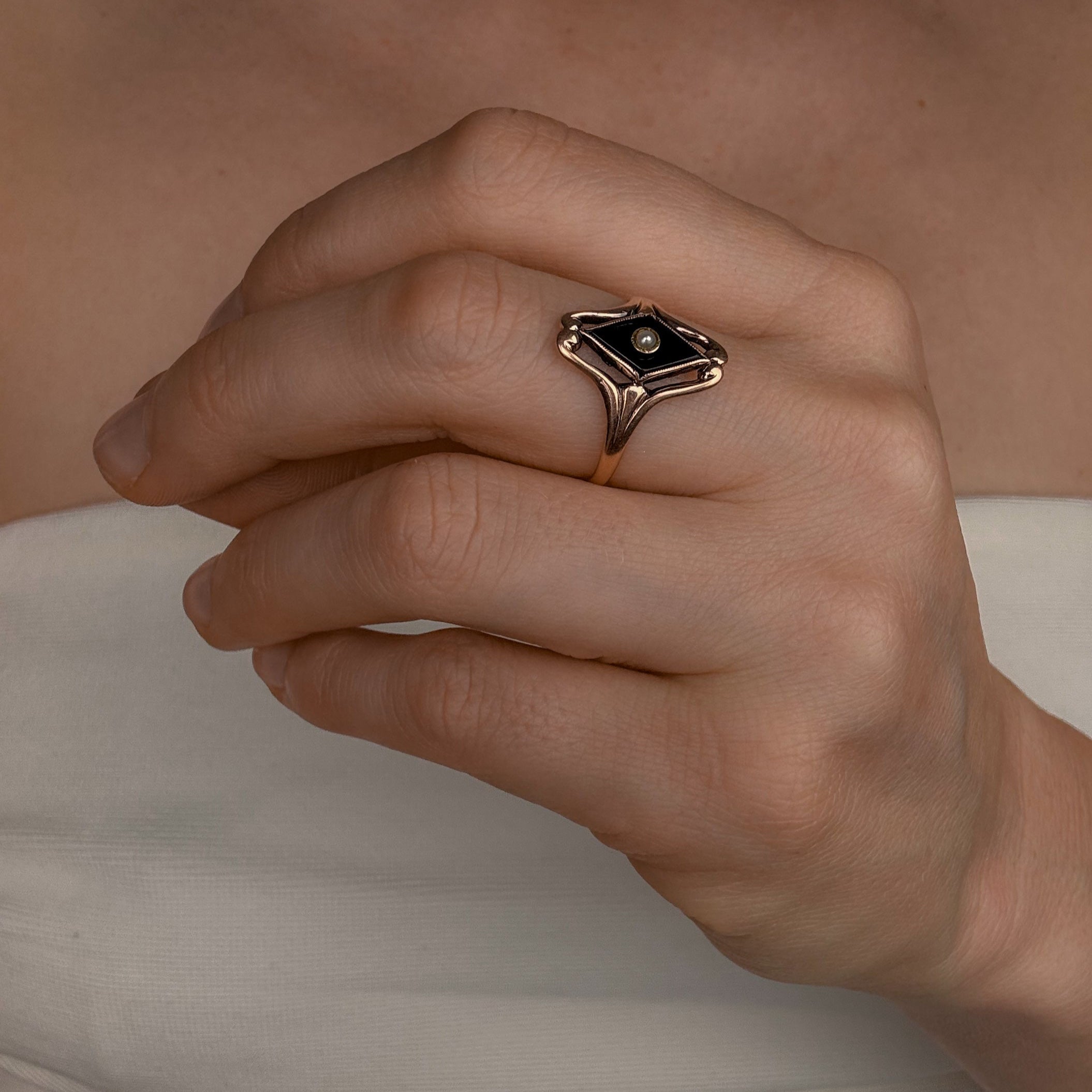 Onyx and Seed Pearl Ring