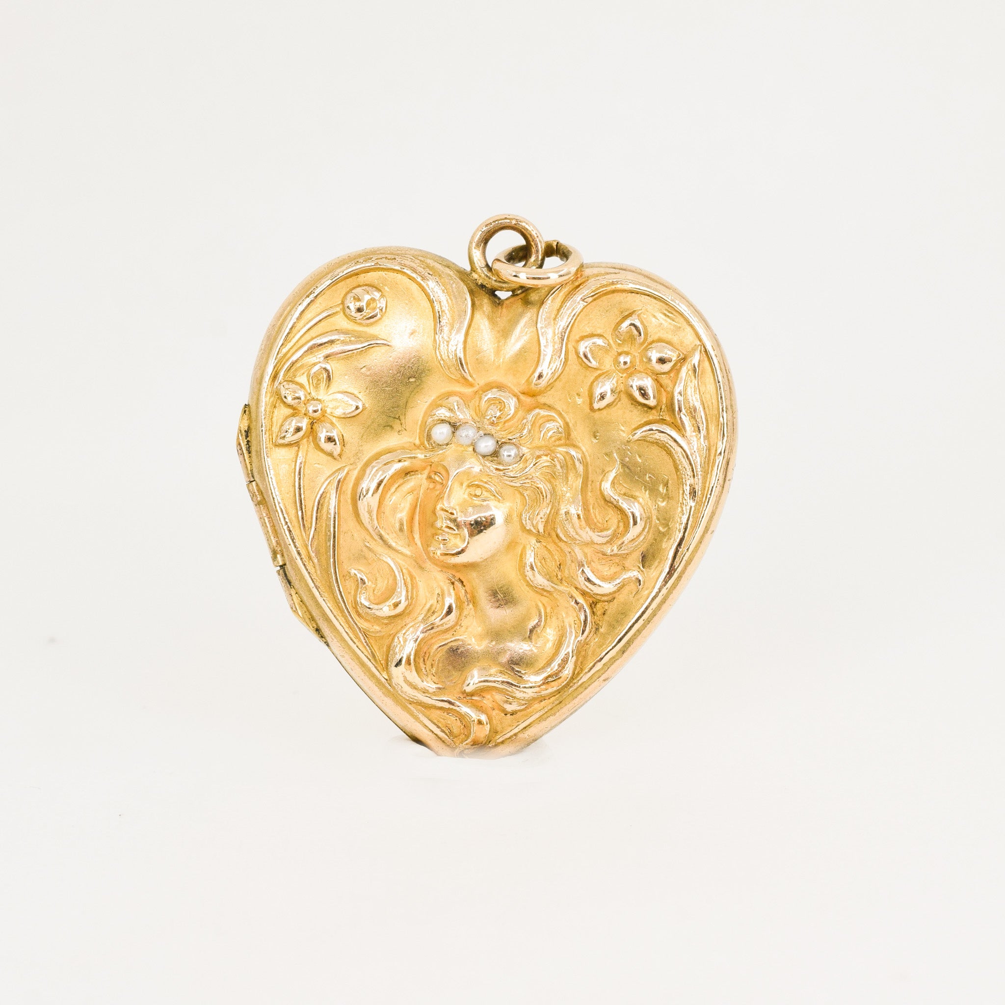 Antique Art Nouveau Repousse Seed Pearl Heart Locket