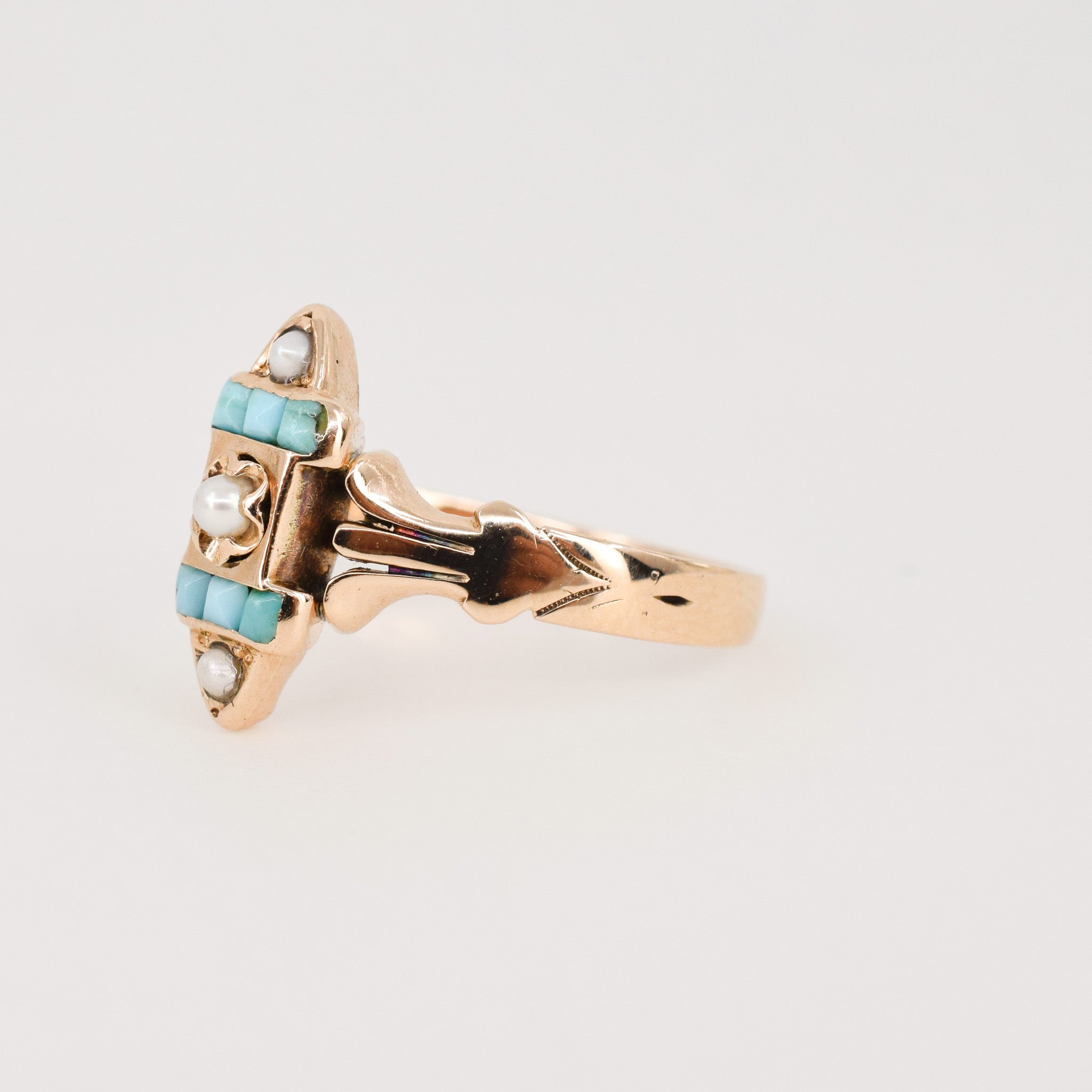 vintage turquoise and seed pearl ring, folklor vintage jewelry canada  