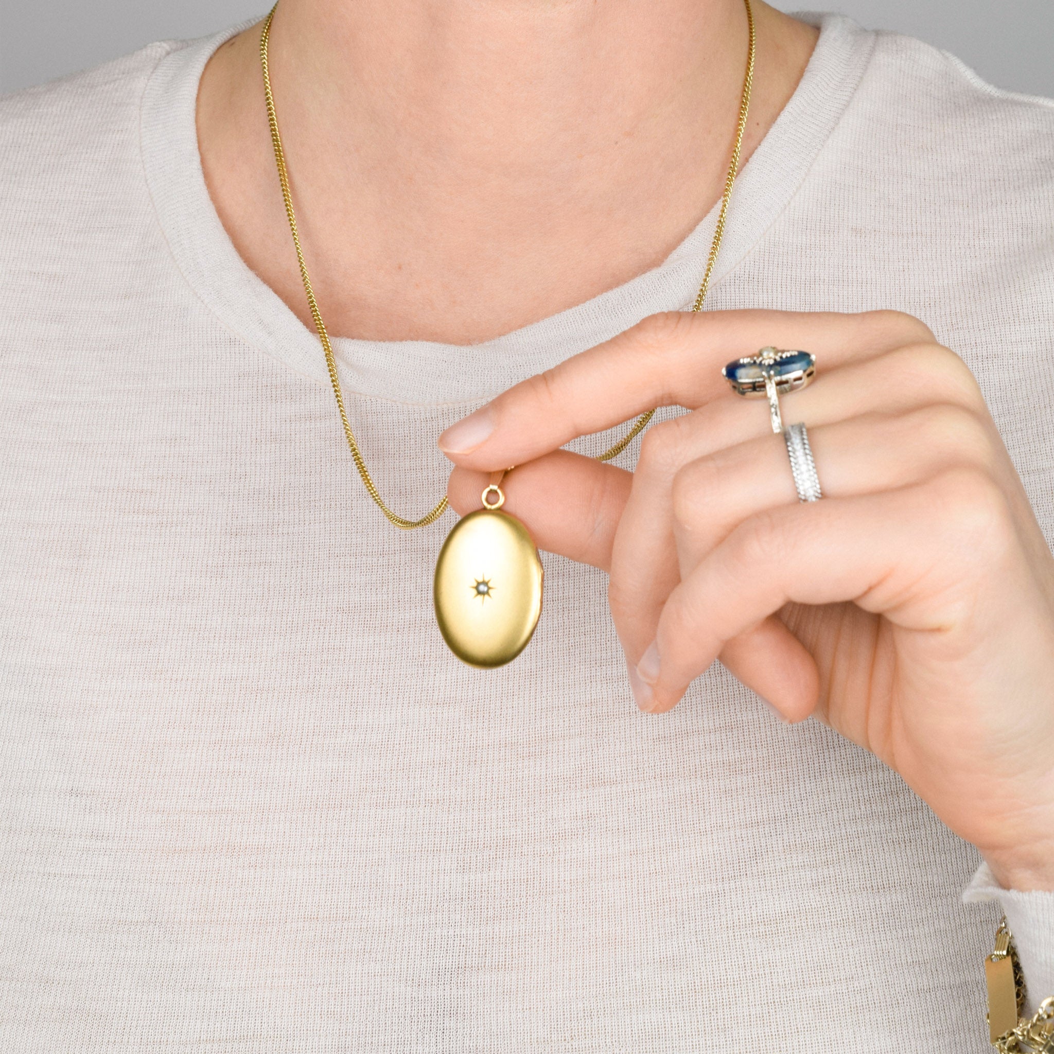 Antique Brushed Oval Starburst Seed Pearl Locket