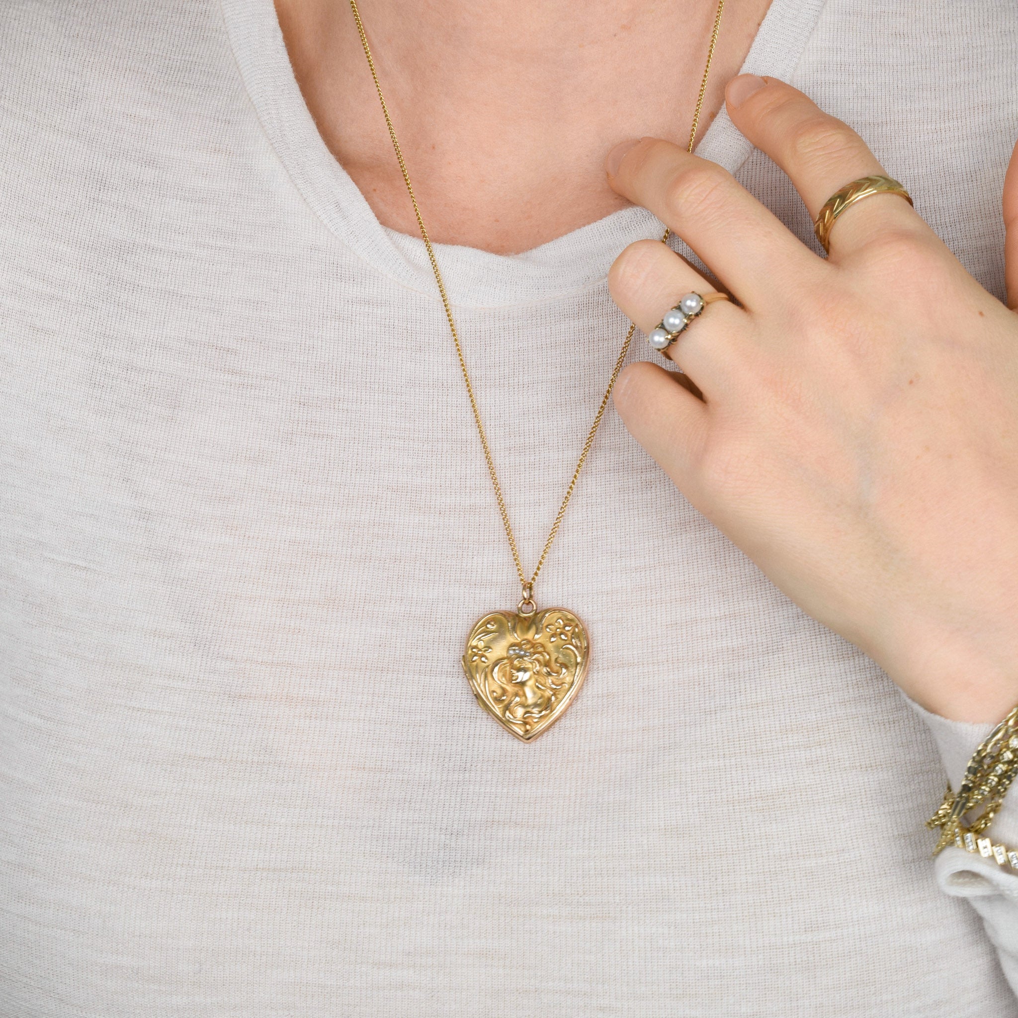 Antique Art Nouveau Repousse Seed Pearl Heart Locket