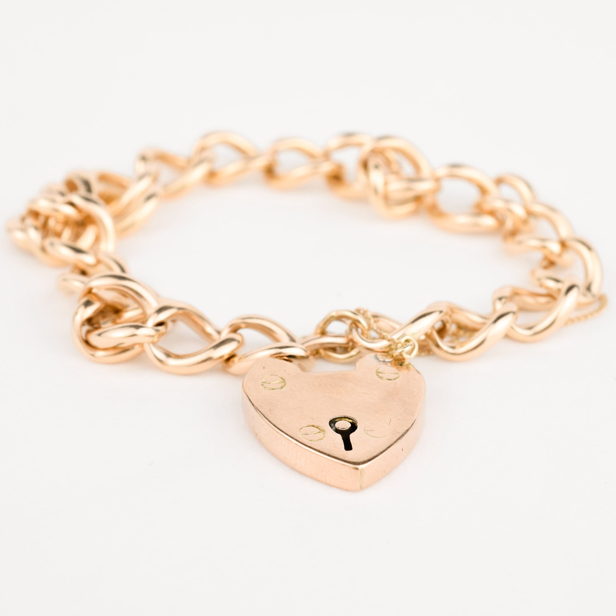 antique gold curb chain bracelet with padlock heart clasp 