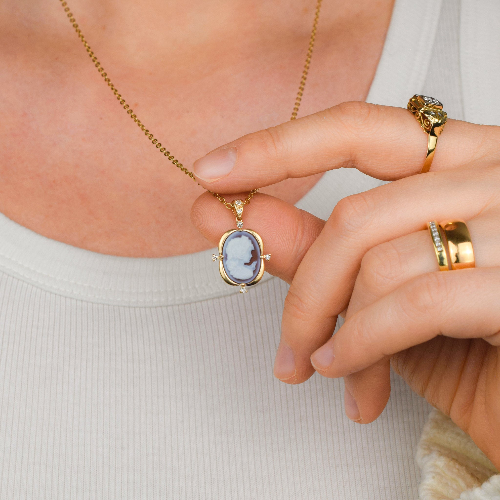 gold Cameo Pendant with Diamond Accents