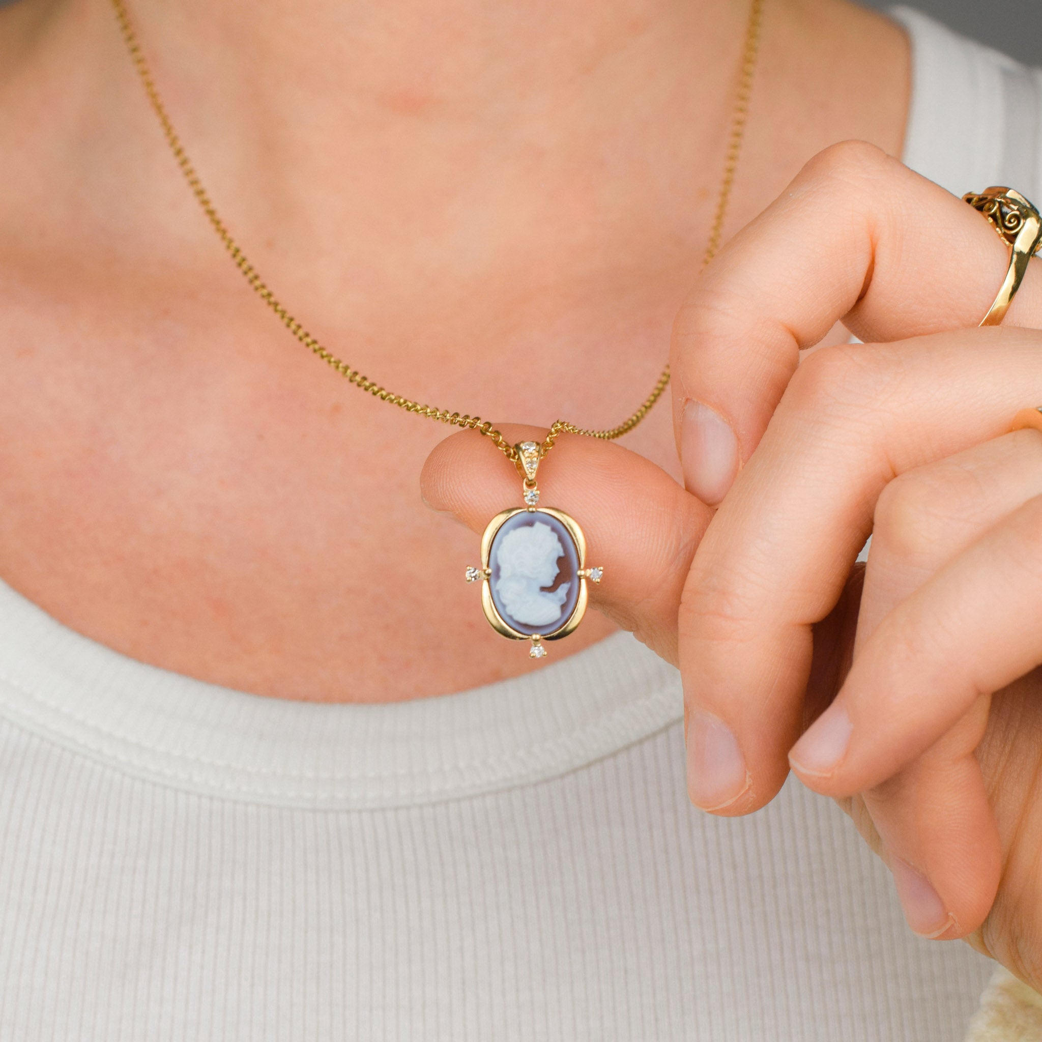 gold Cameo Pendant with Diamond Accents