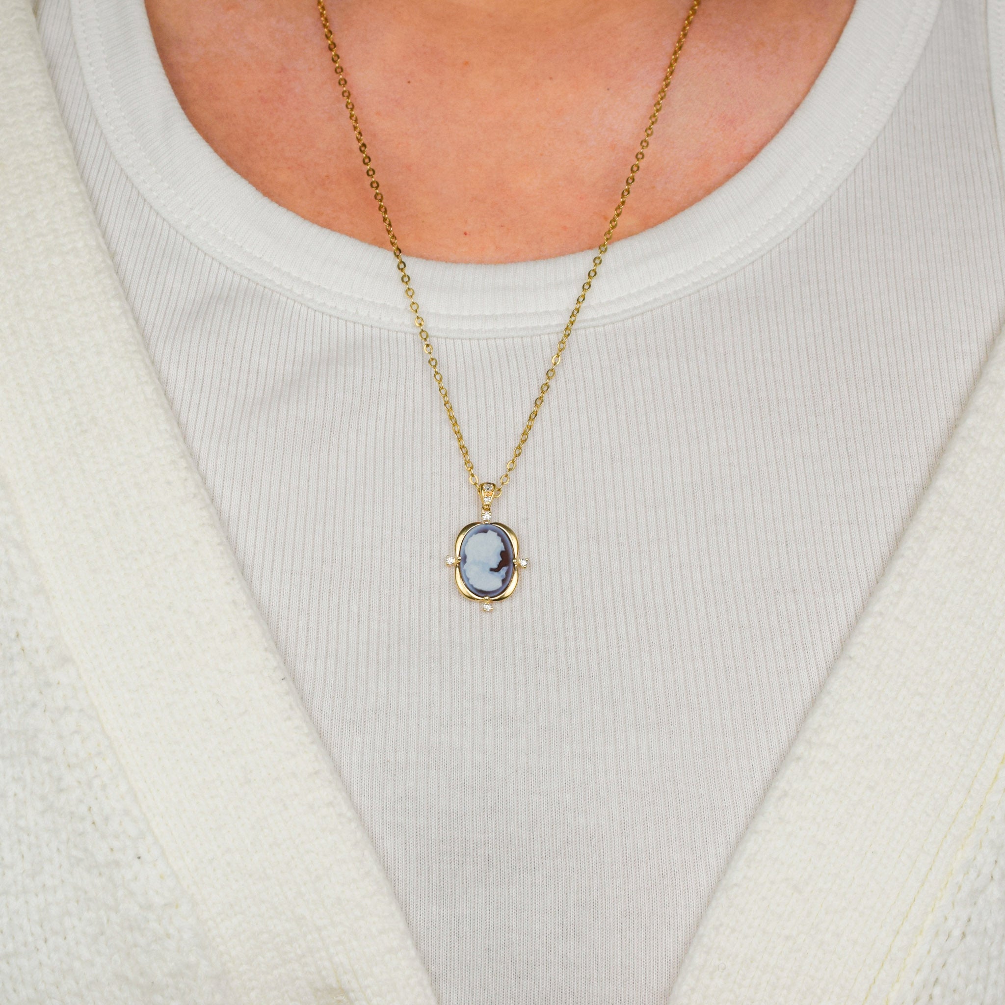gold Cameo Pendant with Diamond Accents